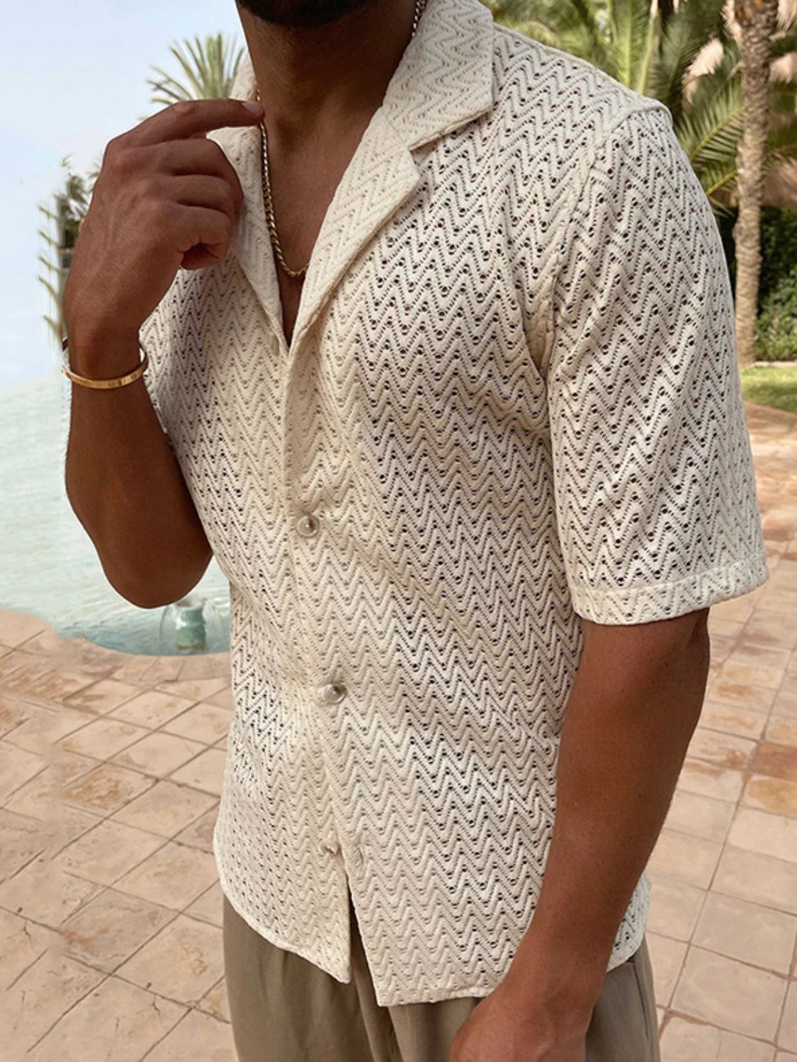 Men's Plus Size Herringbone Eyelet Button Down Knit Shirt SETEPENRA .