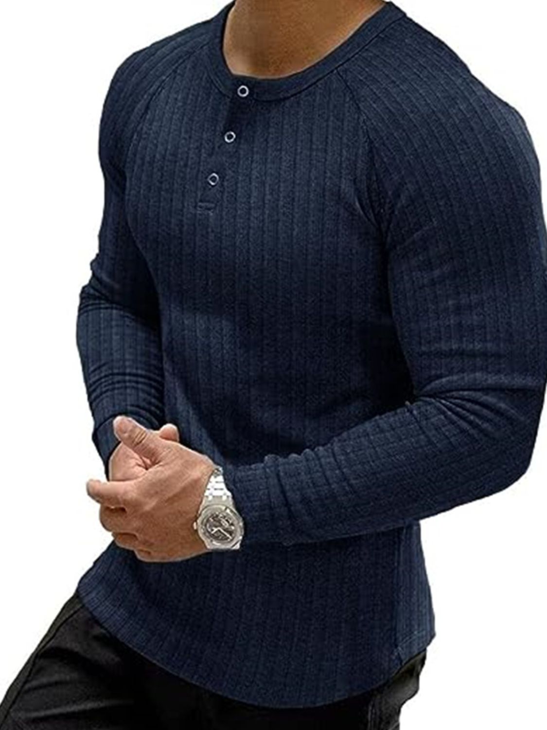 Men's Full Size Ribbed Round Neck Long Sleeve T-Shirt Plus Size SETEPENRA .