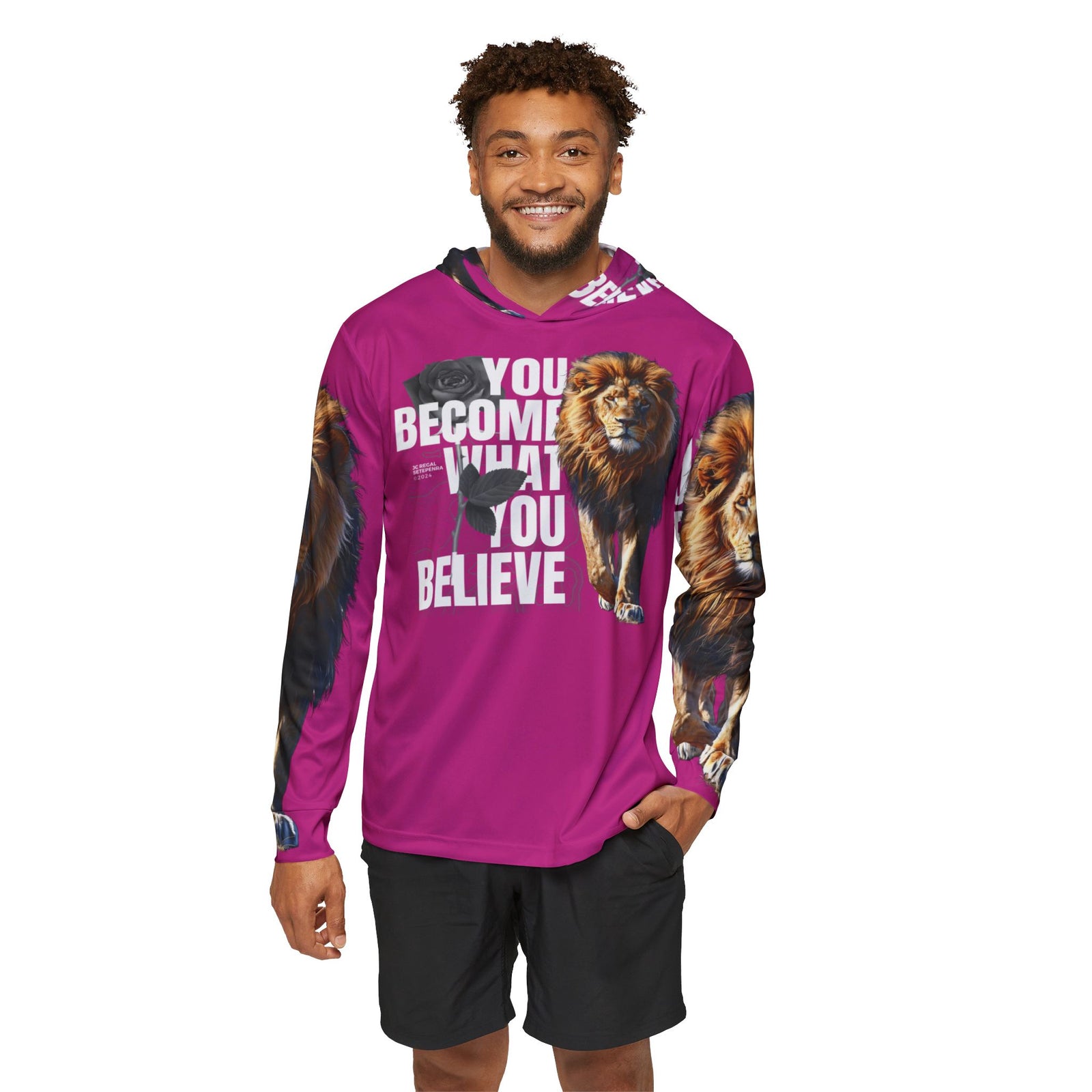 You Become What You Believe Men's Sports Warmup Hoodie (Pink) SETEPENRA All Over Prints.