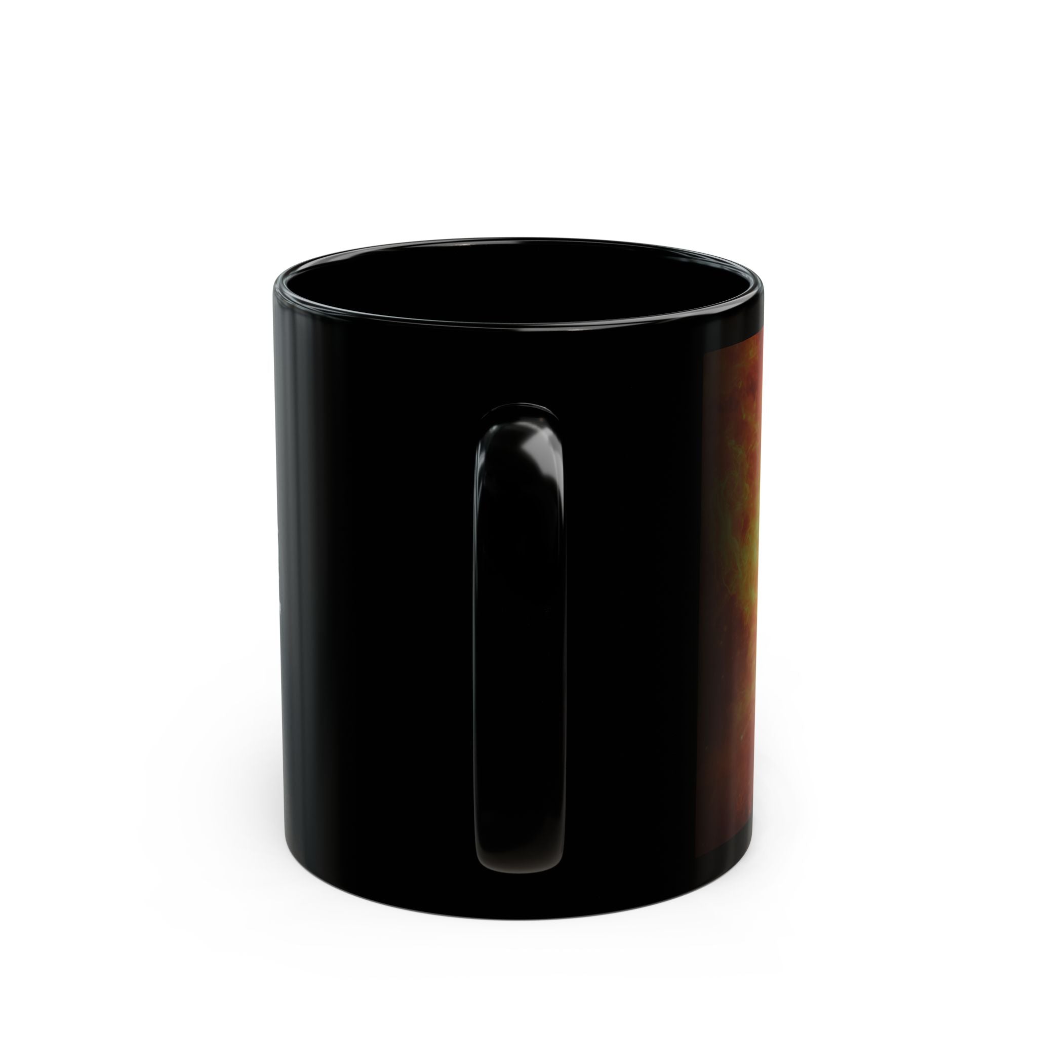 Black ceramic mug featuring the Cosmic Queen design for stylish beverage enjoyment.