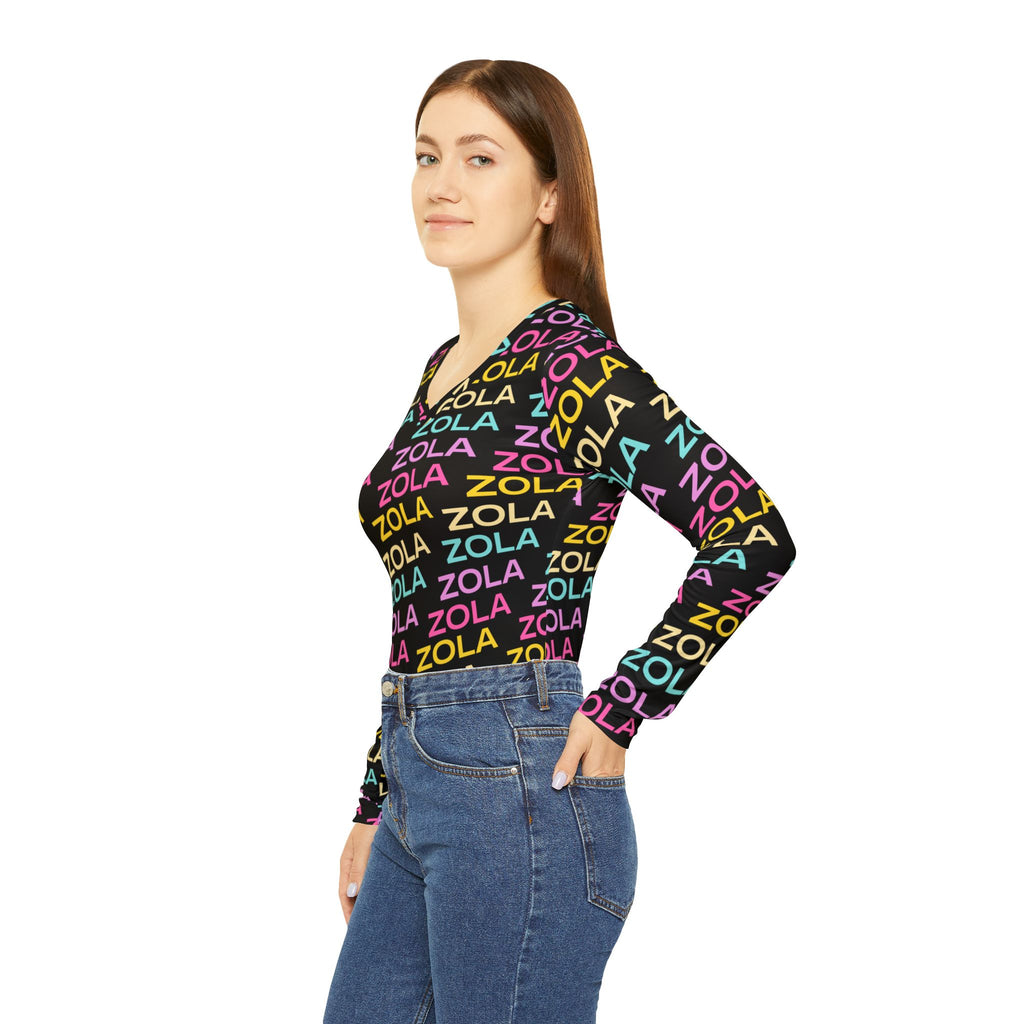 Zola Print Women's Long Sleeve V-Neck Shirt (Black) SETEPENRA All Over Prints.