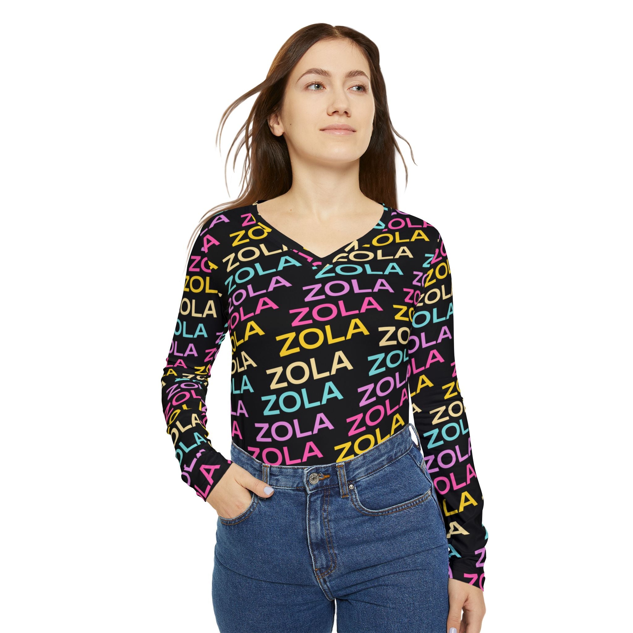 Zola Print Women's Long Sleeve V-Neck Shirt (Black) SETEPENRA All Over Prints.