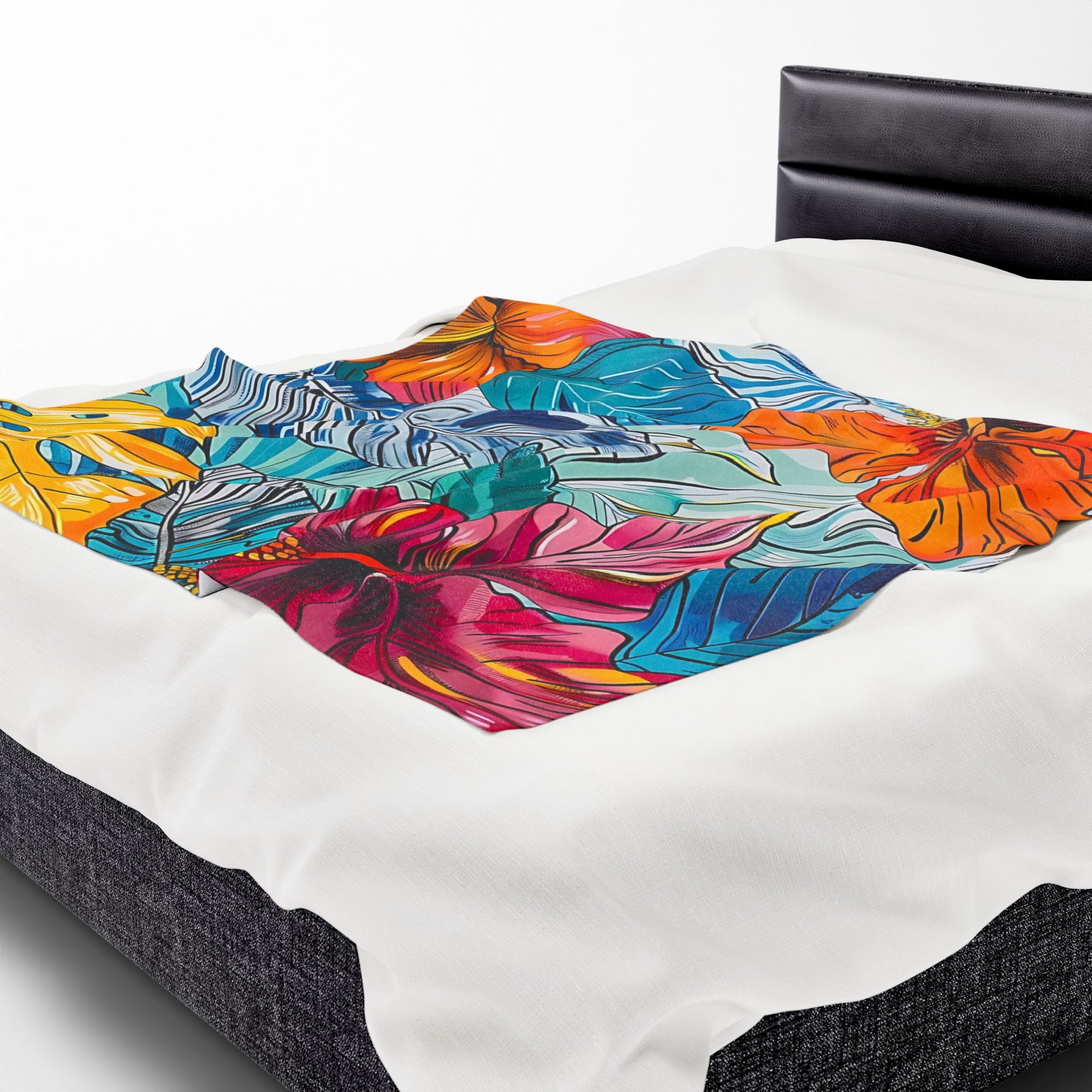 Monstera Hibiscus Velveteen Plush Blanket SETEPENRA All Over Prints.