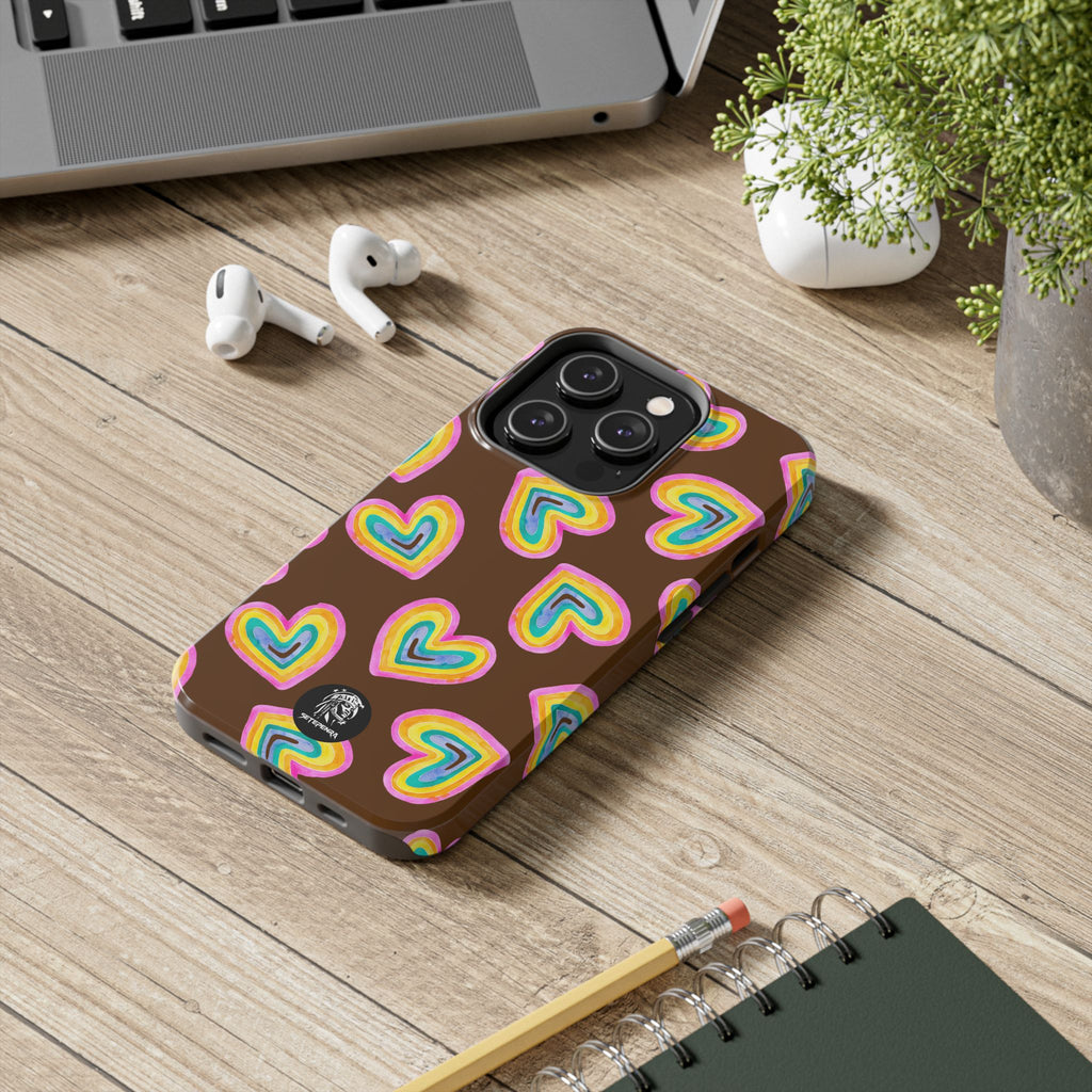 Rainbow Heart Tough Phone Case (For iPhone, Galaxy & More) - Brown