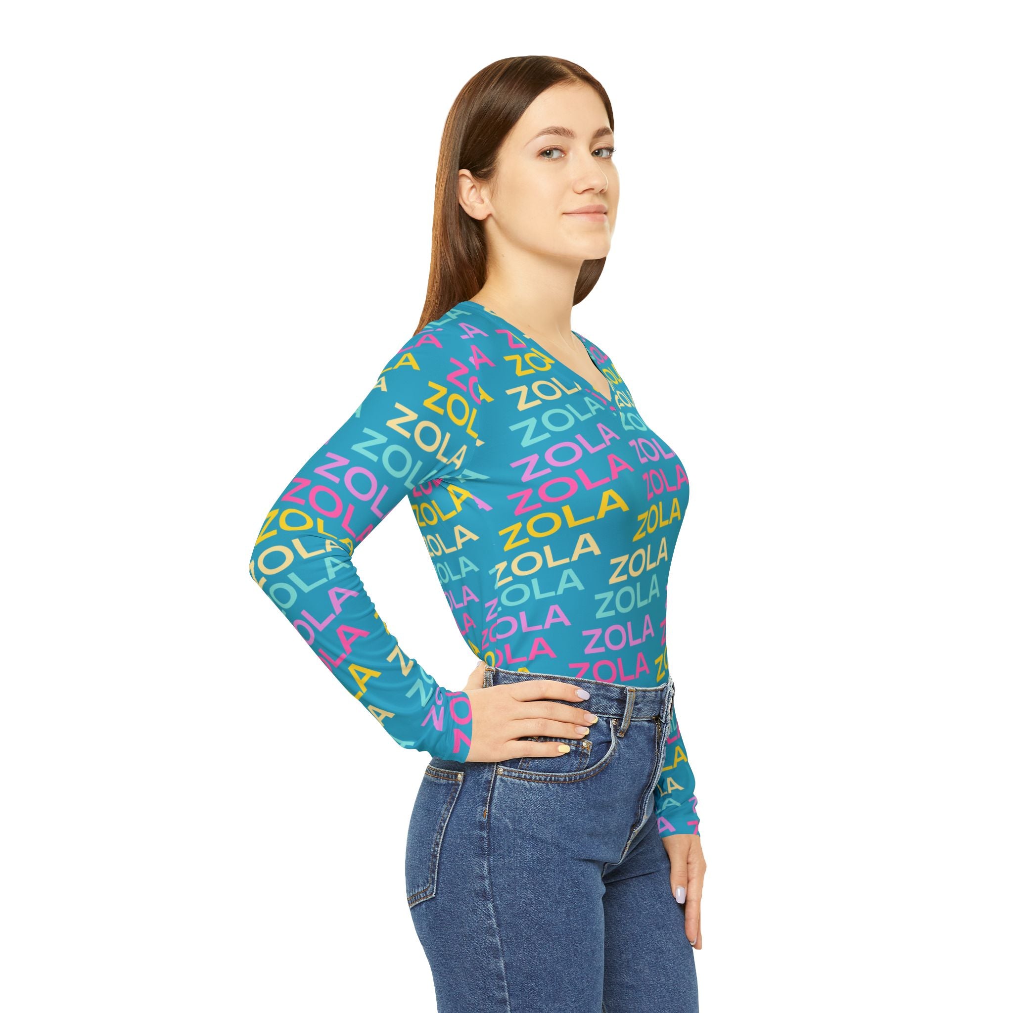 Zola Print Women's Long Sleeve V-Neck Shirt (Turquoise) SETEPENRA All Over Prints.