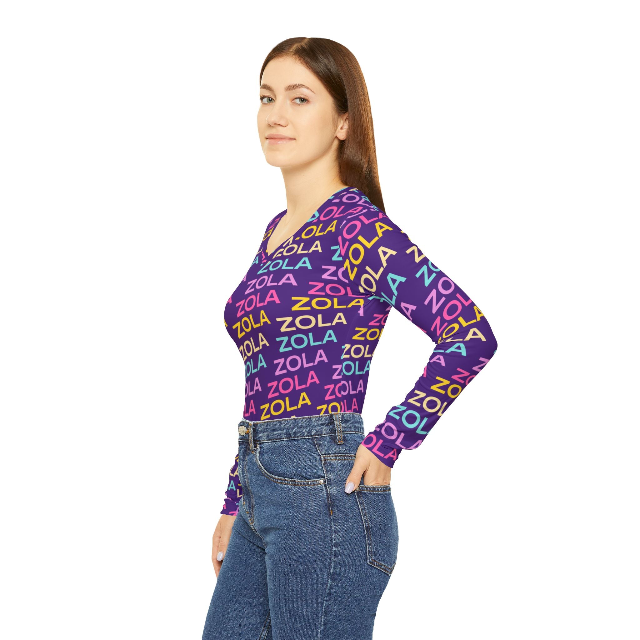 Zola Print Women's Long Sleeve V-Neck Shirt (Purple) SETEPENRA All Over Prints.