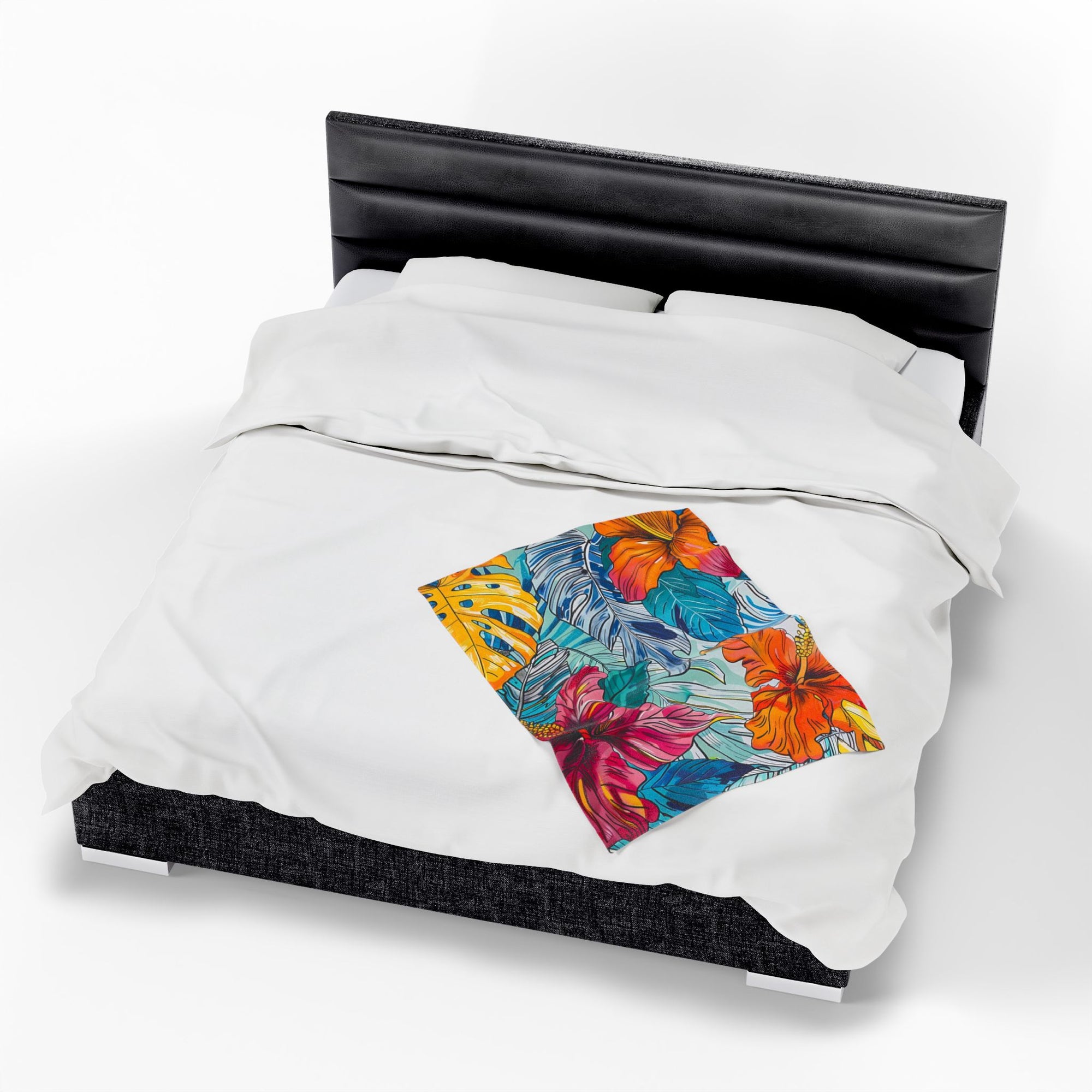 Monstera Hibiscus Velveteen Plush Blanket SETEPENRA All Over Prints.