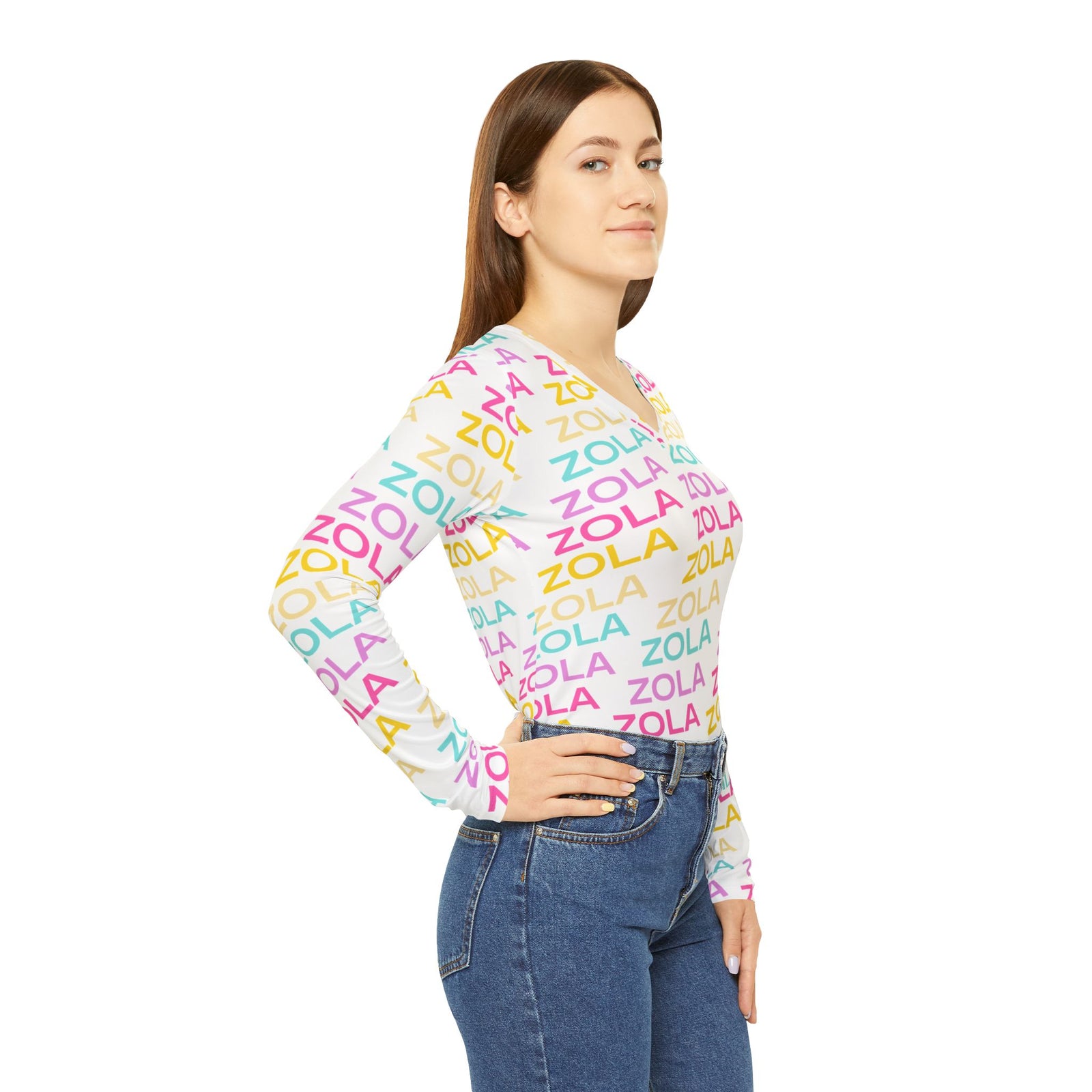 Zola Print Women's Long Sleeve V-Neck Shirt (White) SETEPENRA All Over Prints.