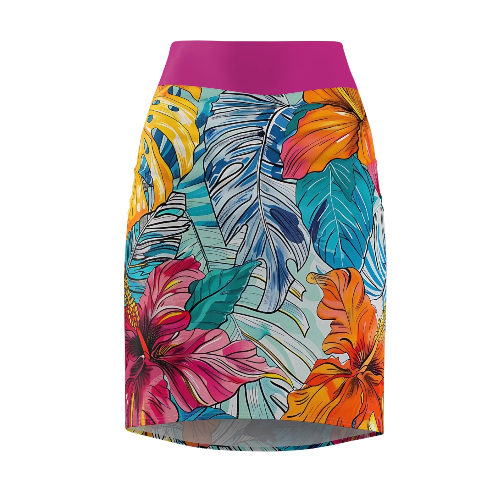 Women's Monstera Hibiscus Pencil Skirt (w/Pink Waistband) SETEPENRA All Over Prints.