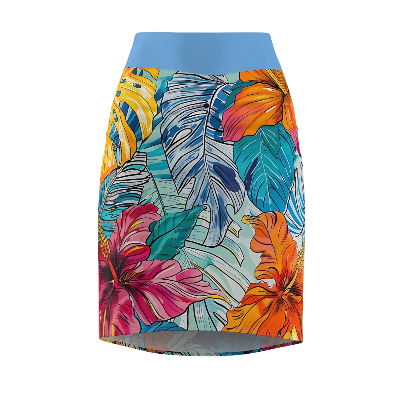 Women's Monstera Hibiscus Pencil Skirt (w/Light Blue Waistband) SETEPENRA All Over Prints.