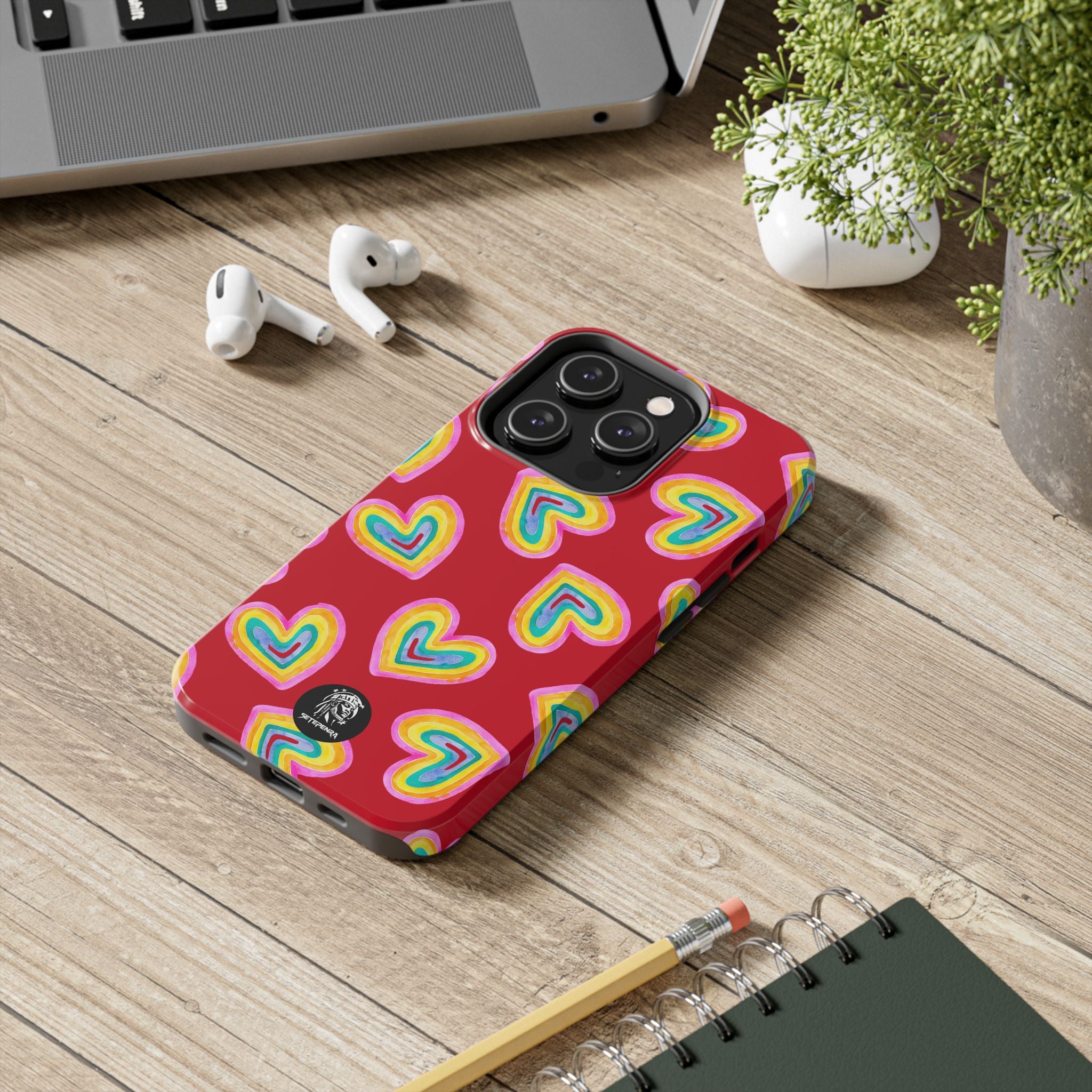 Rainbow Heart Tough Phone Case (For iPhone, Galaxy & More) - Dark Red