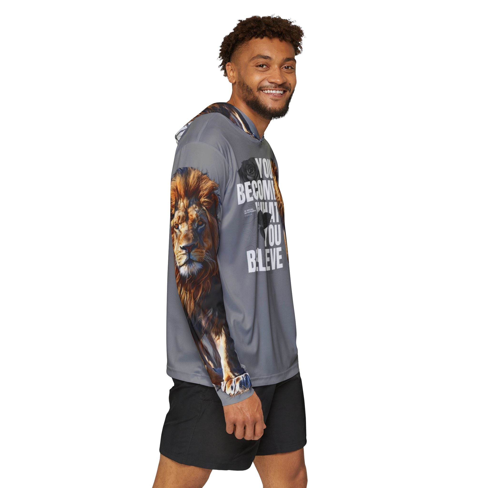 You Become What You Believe Men's Sports Warmup Hoodie (Grey) SETEPENRA All Over Prints.