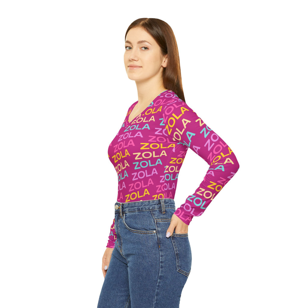 Zola Print Women's Long Sleeve V-Neck Shirt (Pink) SETEPENRA All Over Prints.