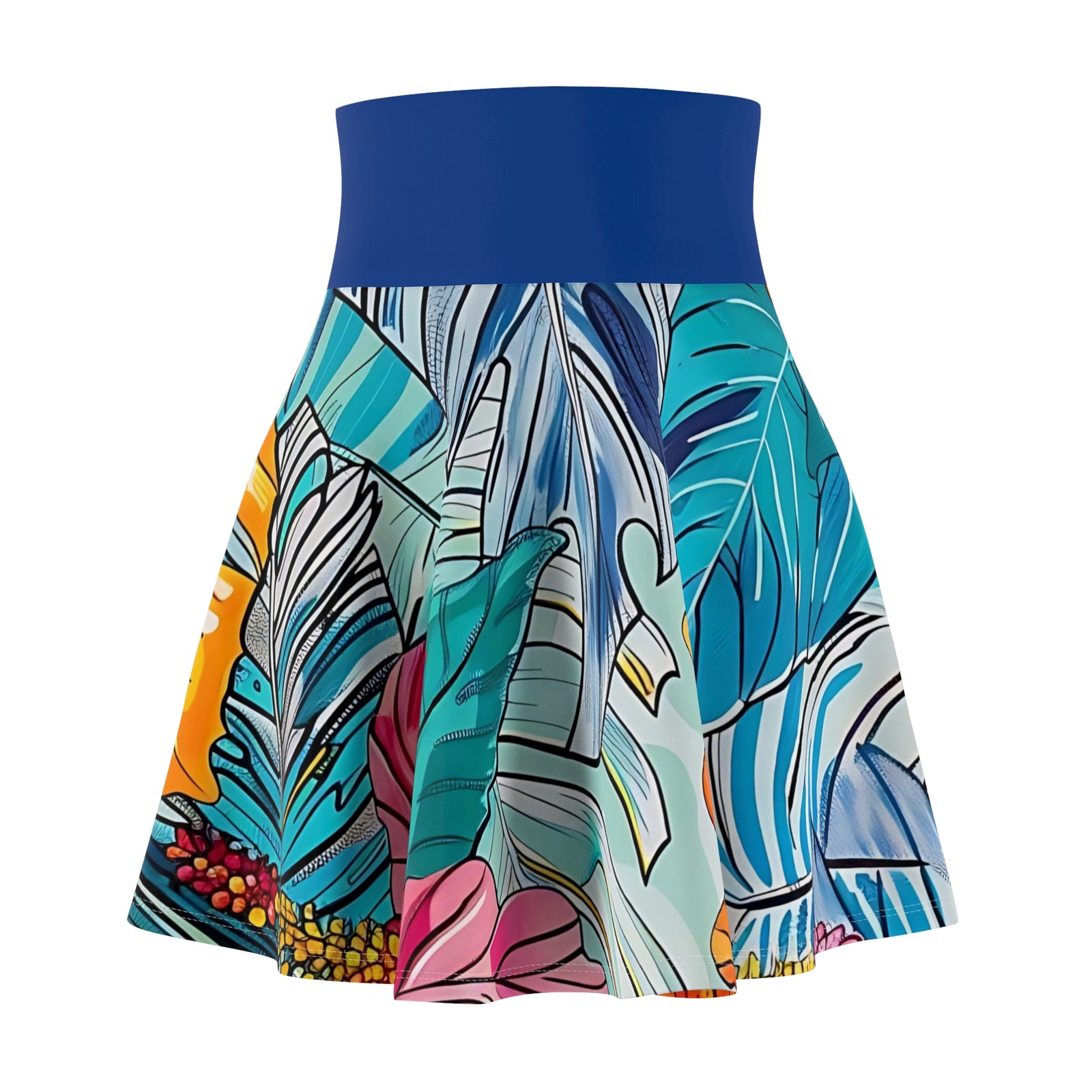 Women's Monstera Hibiscus Skater Skirt (w/Dark Blue Waistband) SETEPENRA All Over Prints.