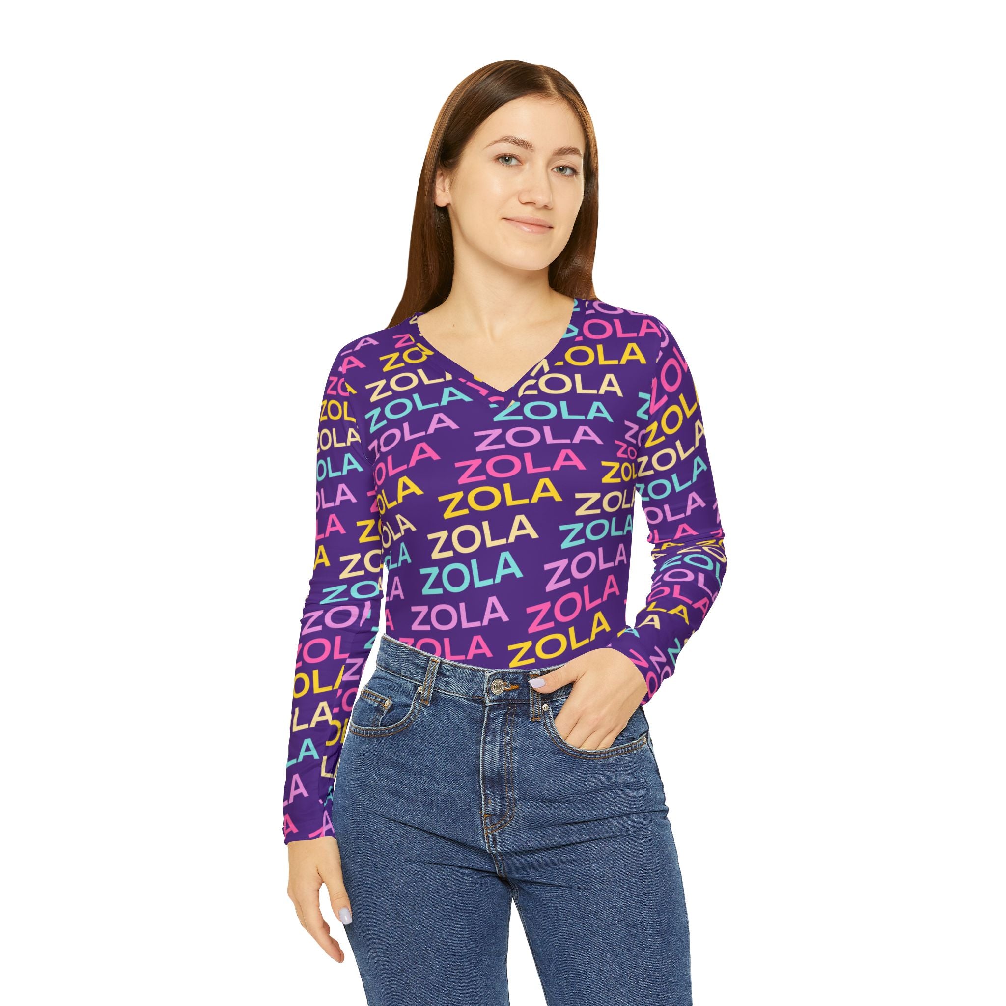 Zola Print Women's Long Sleeve V-Neck Shirt (Purple) SETEPENRA All Over Prints.
