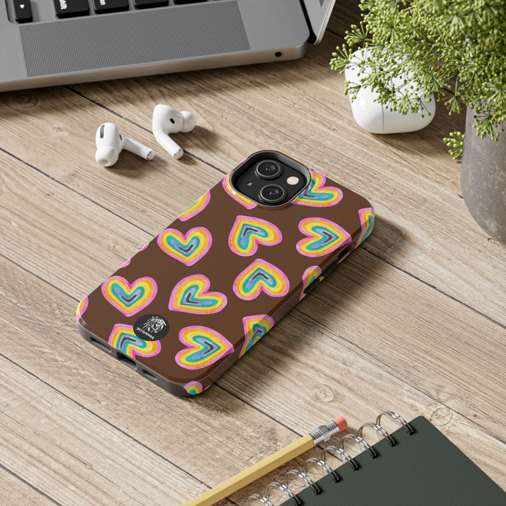Rainbow Heart Tough Phone Case (For iPhone, Galaxy & More) - Brown