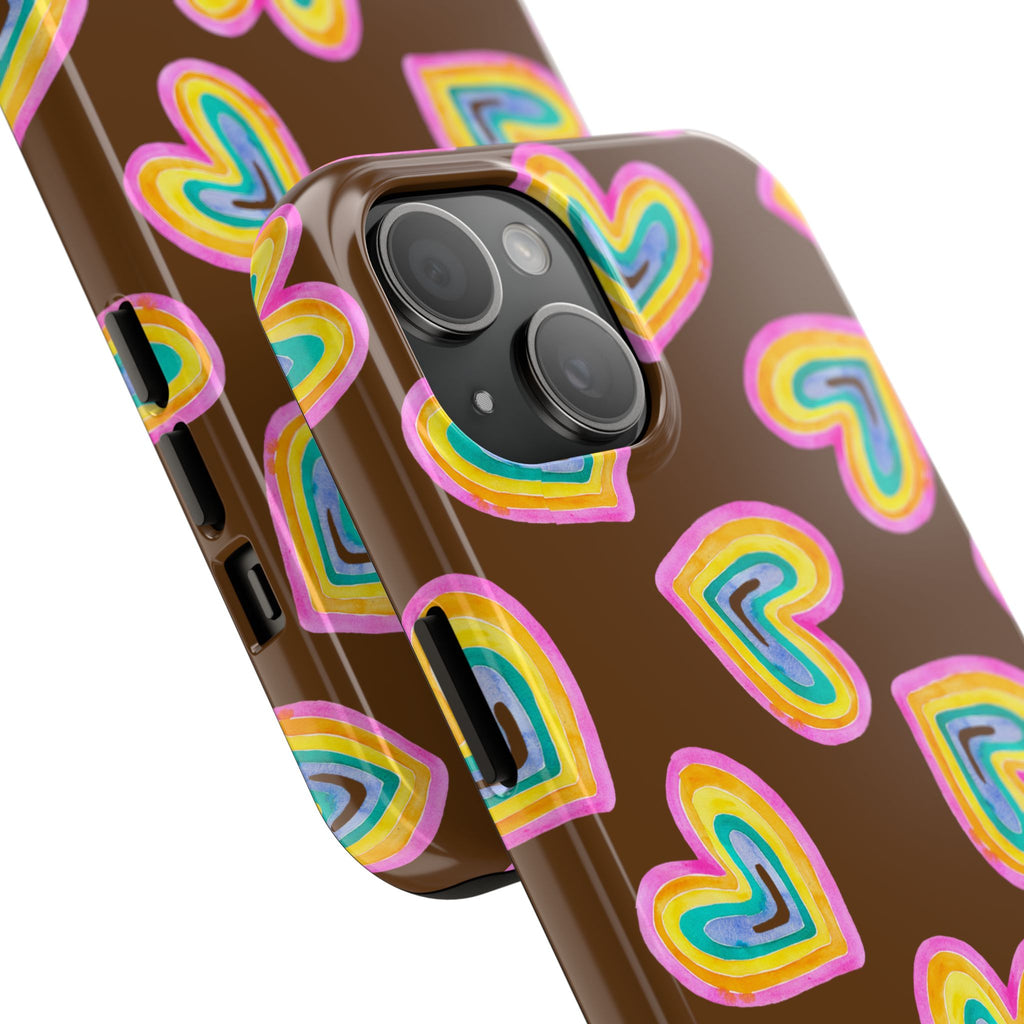 Rainbow Heart Tough Phone Case (For iPhone, Galaxy & More) - Brown