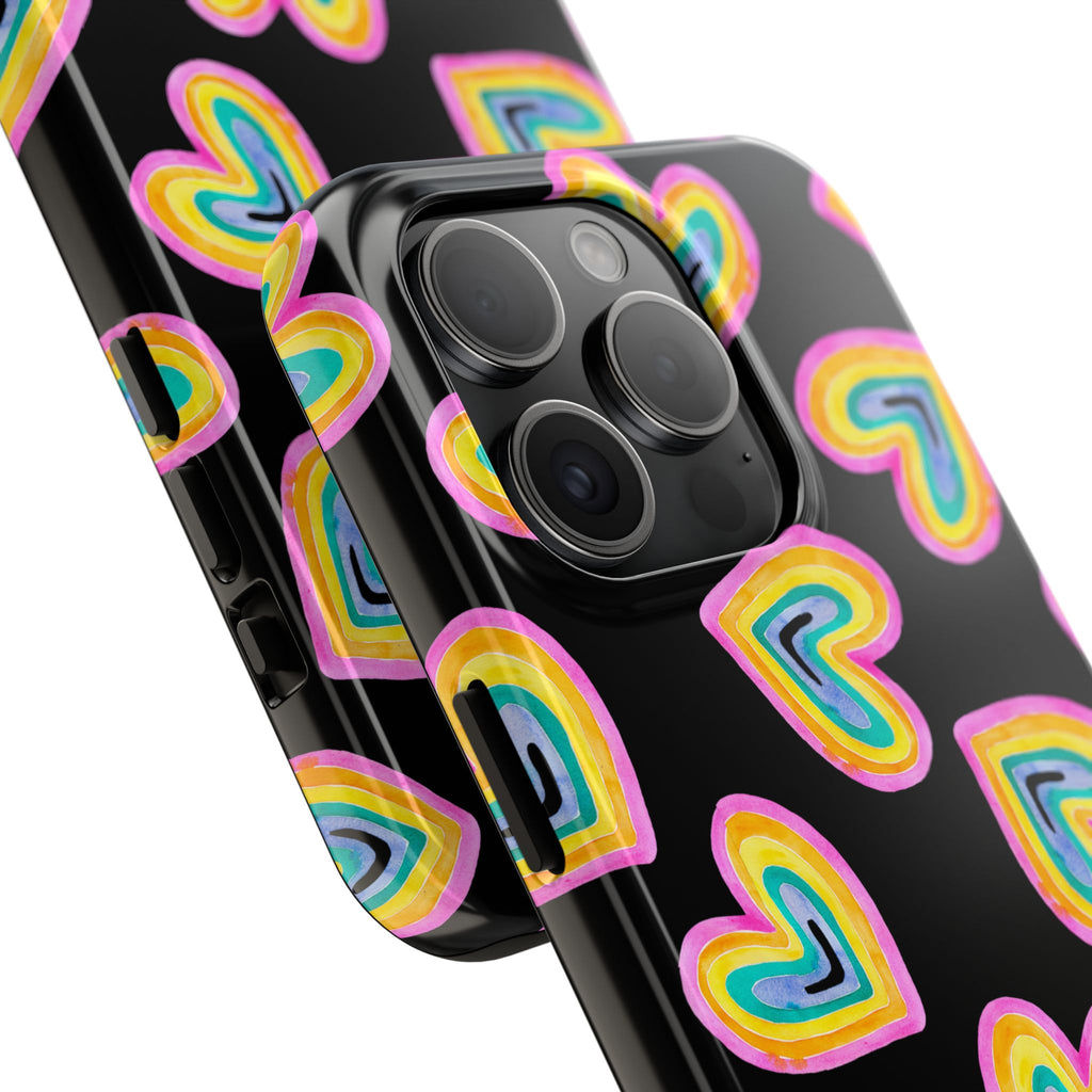 Rainbow Heart Tough Phone Case (For iPhone, Galaxy & More) - Black