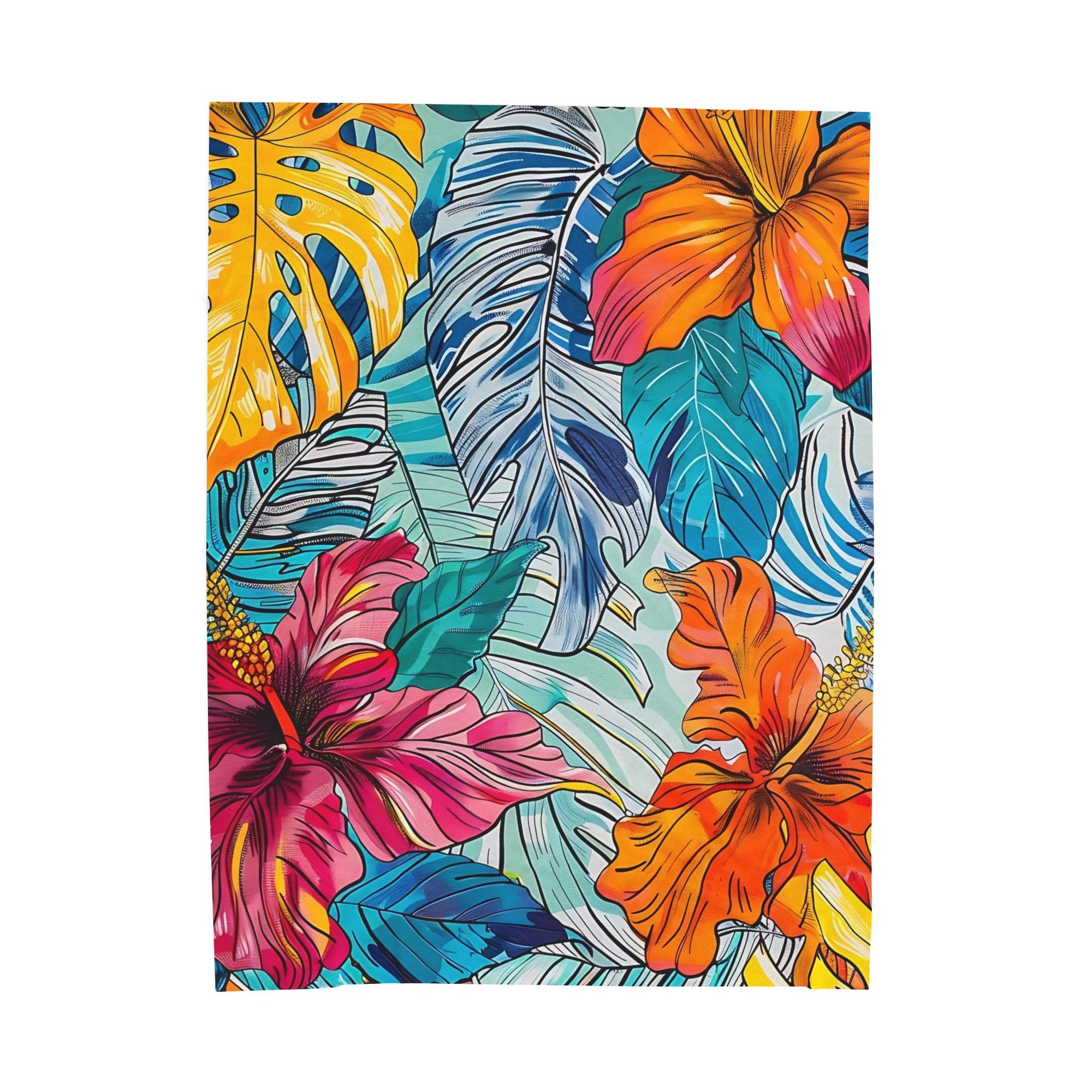 Monstera Hibiscus Velveteen Plush Blanket SETEPENRA All Over Prints.