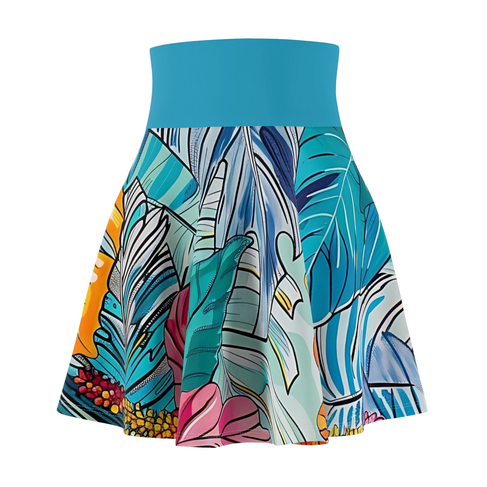 Women's Monstera Hibiscus Skater Skirt (w/Turquoise Waistband) SETEPENRA All Over Prints.