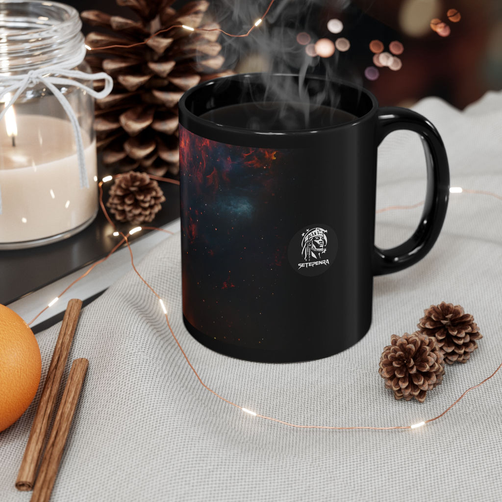 Black ceramic mug featuring the Cosmic Queen design for stylish beverage enjoyment.
