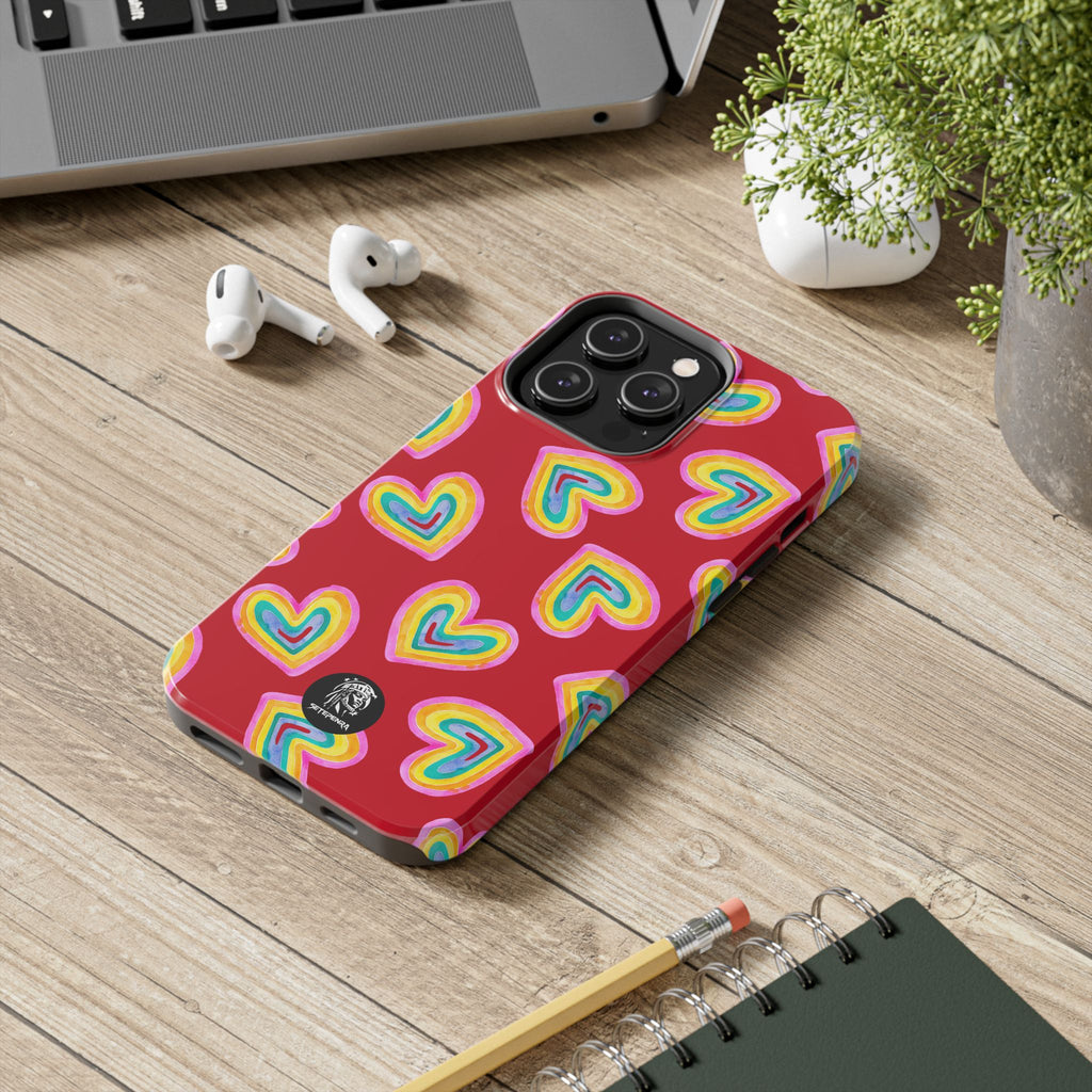 Rainbow Heart Tough Phone Case (For iPhone, Galaxy & More) - Dark Red
