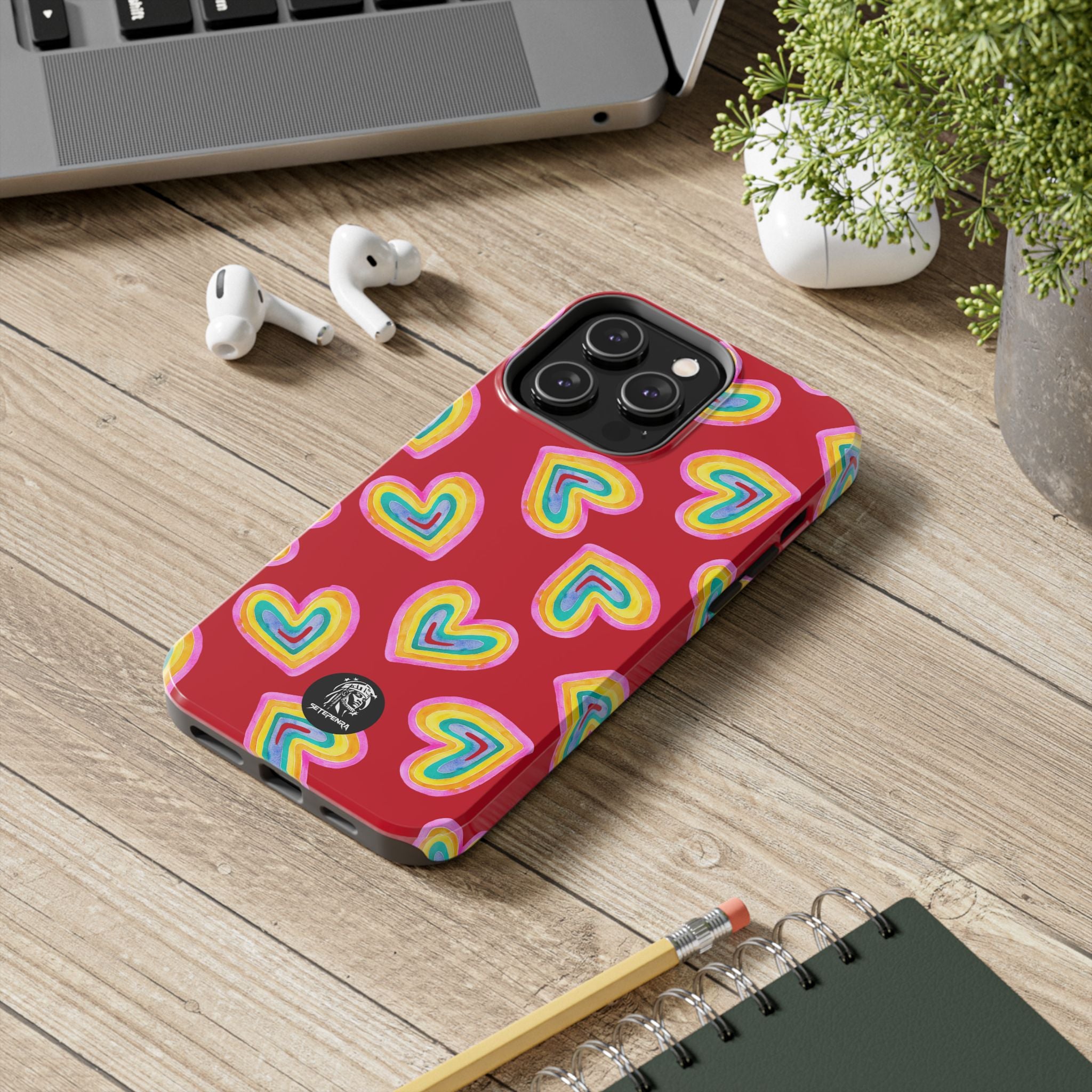 Rainbow Heart Tough Phone Case (For iPhone, Galaxy & More) - Dark Red