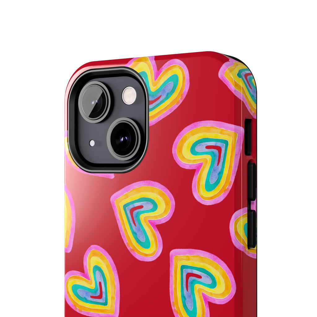 Rainbow Heart Tough Phone Case (For iPhone, Galaxy & More) - Dark Red