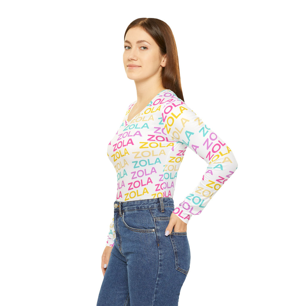 Zola Print Women's Long Sleeve V-Neck Shirt (White) SETEPENRA All Over Prints.