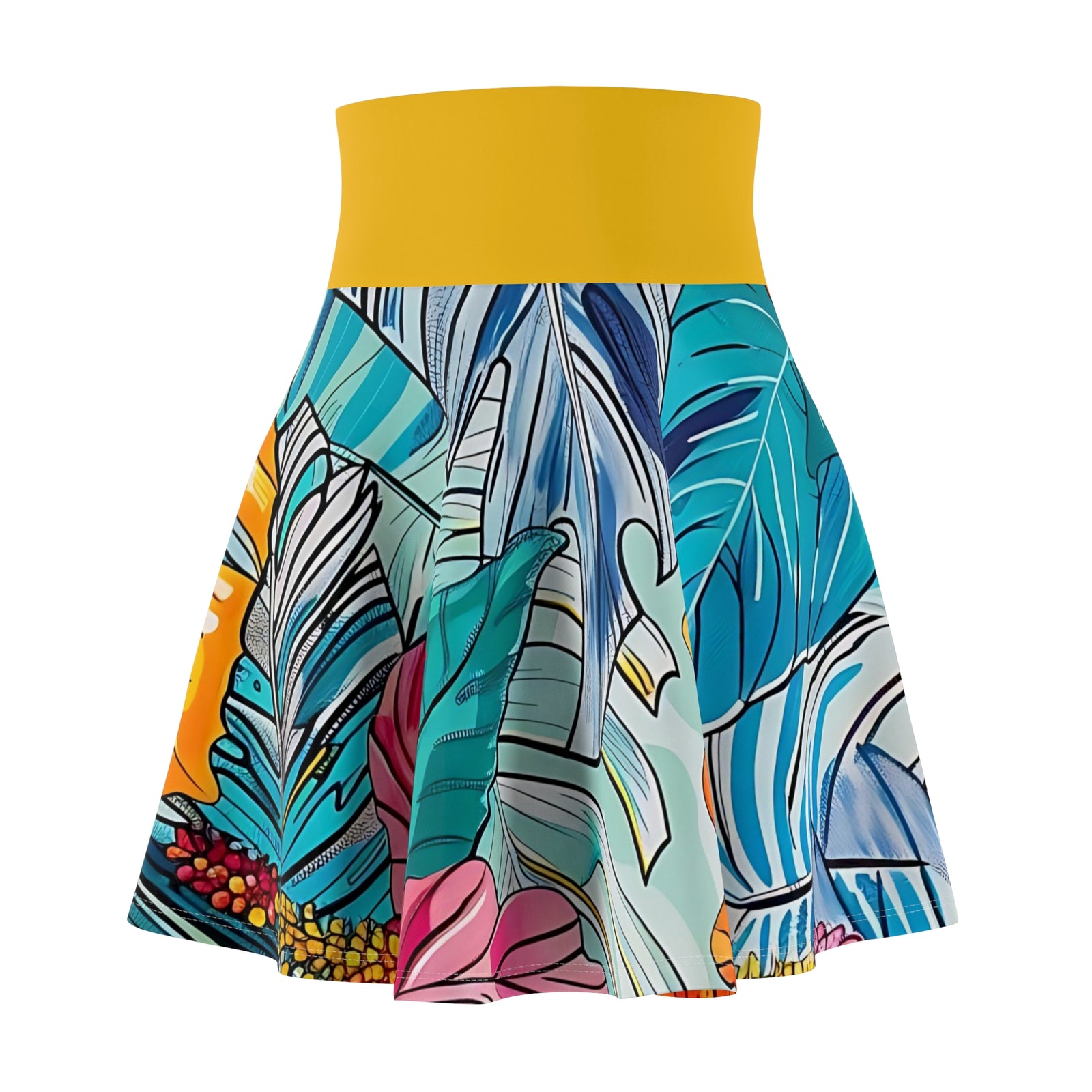 Women's Monstera Hibiscus Skater Skirt (w/Yellow Waistband) SETEPENRA All Over Prints.