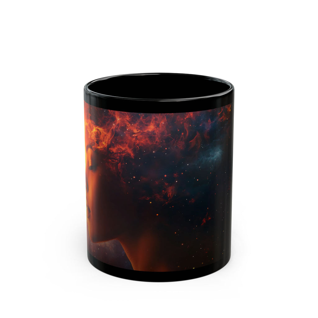 Black ceramic mug featuring the Cosmic Queen design for stylish beverage enjoyment.