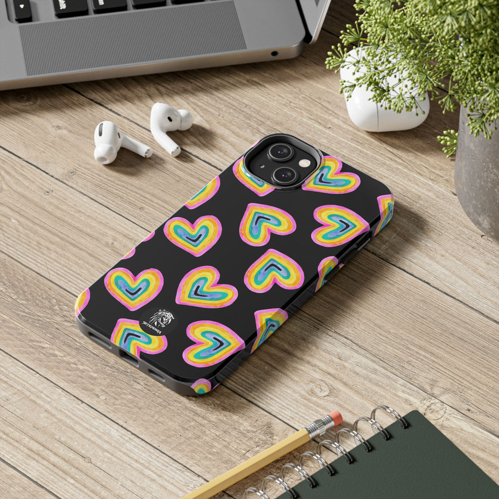 Rainbow Heart Tough Phone Case (For iPhone, Galaxy & More) - Black