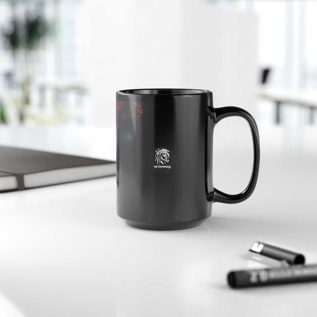 Black ceramic mug featuring the Cosmic Queen design for stylish beverage enjoyment.