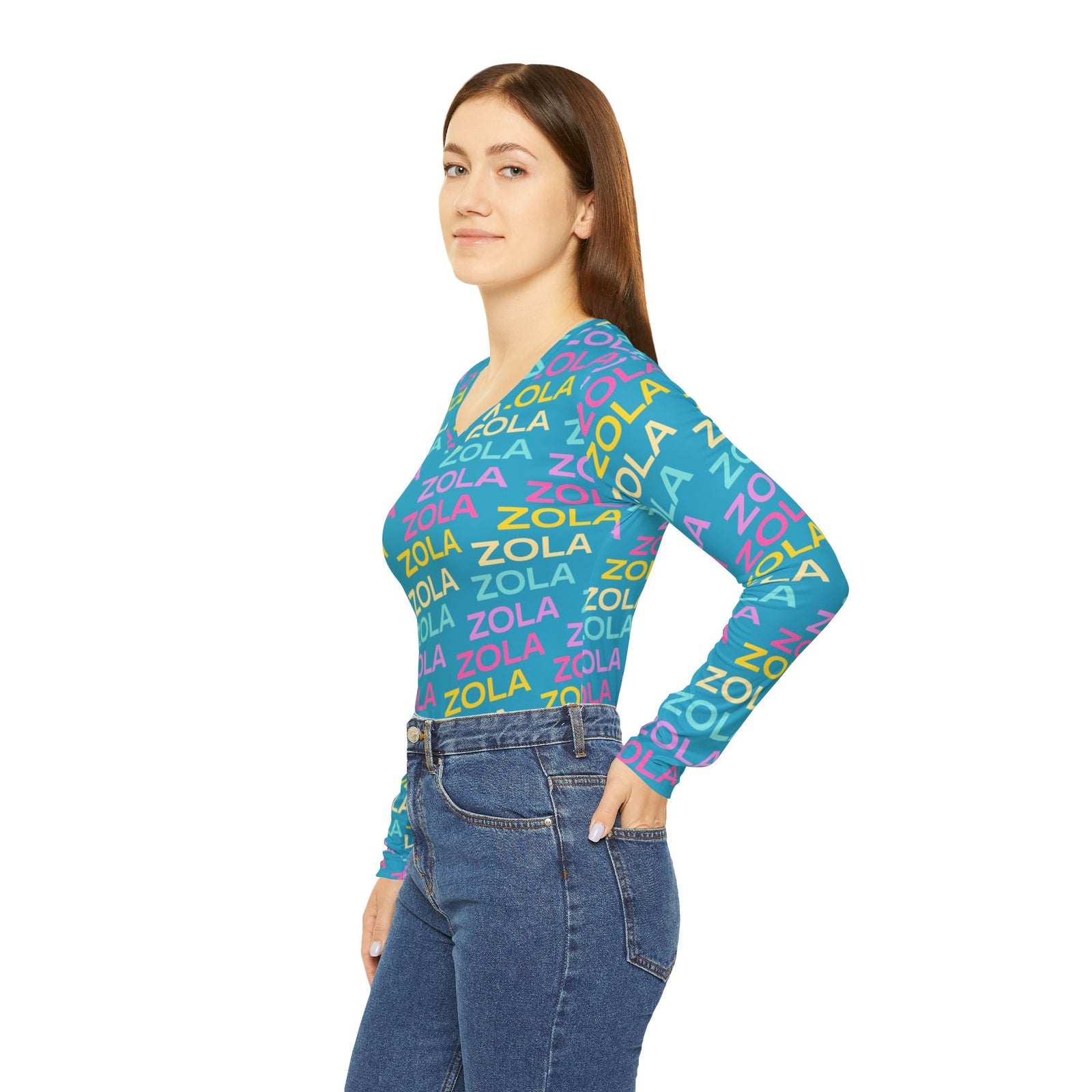 Zola Print Women's Long Sleeve V-Neck Shirt (Turquoise) SETEPENRA All Over Prints.