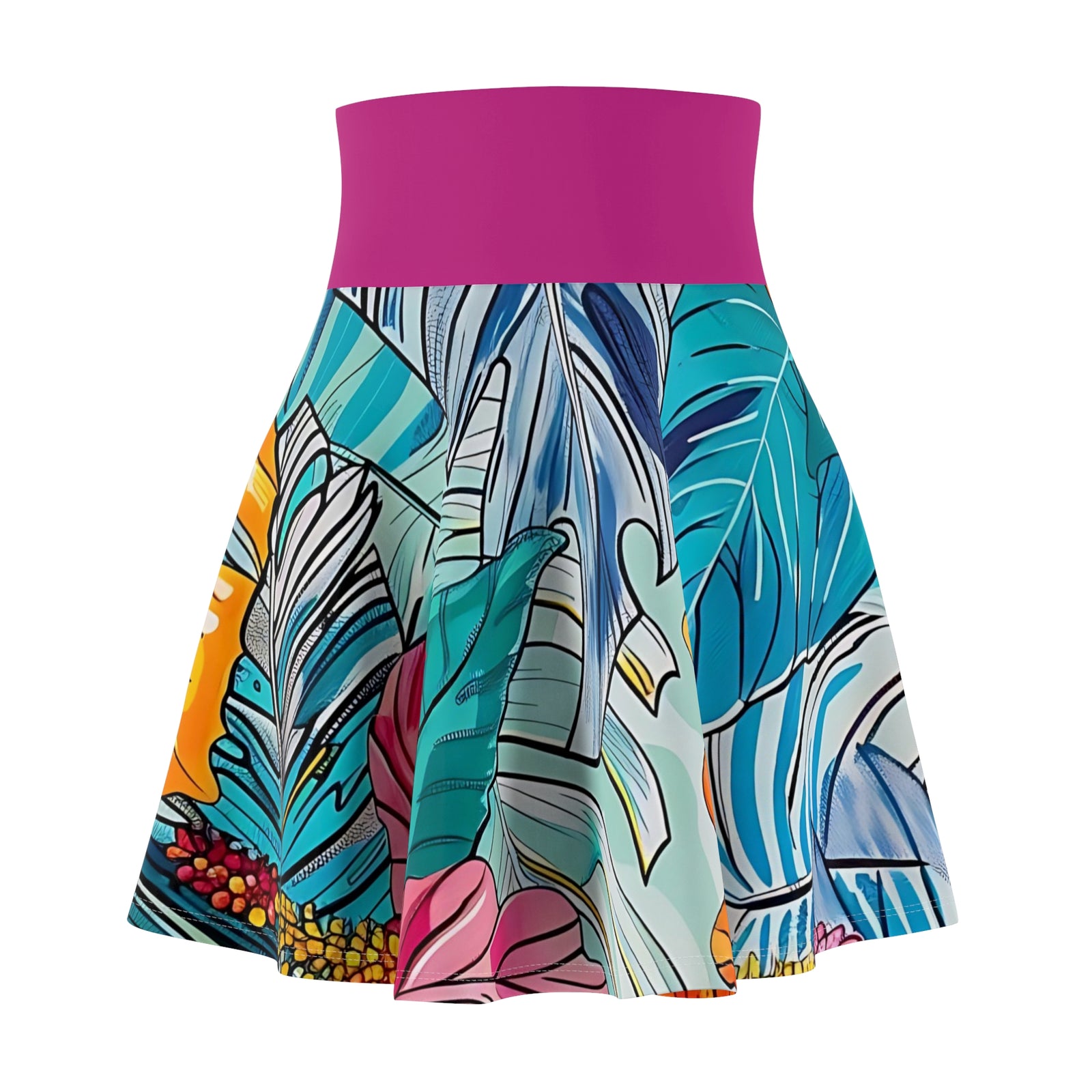 Women's Monstera Hibiscus Skater Skirt (w/Pink Waistband) SETEPENRA All Over Prints.