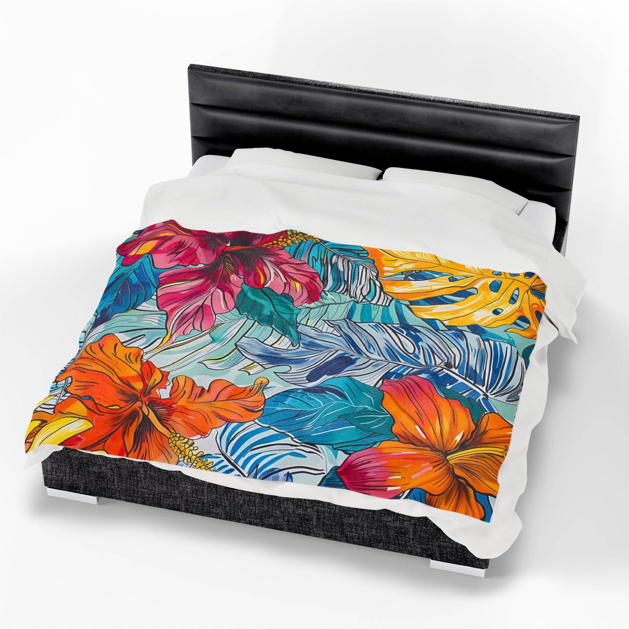 Monstera Hibiscus Velveteen Plush Blanket