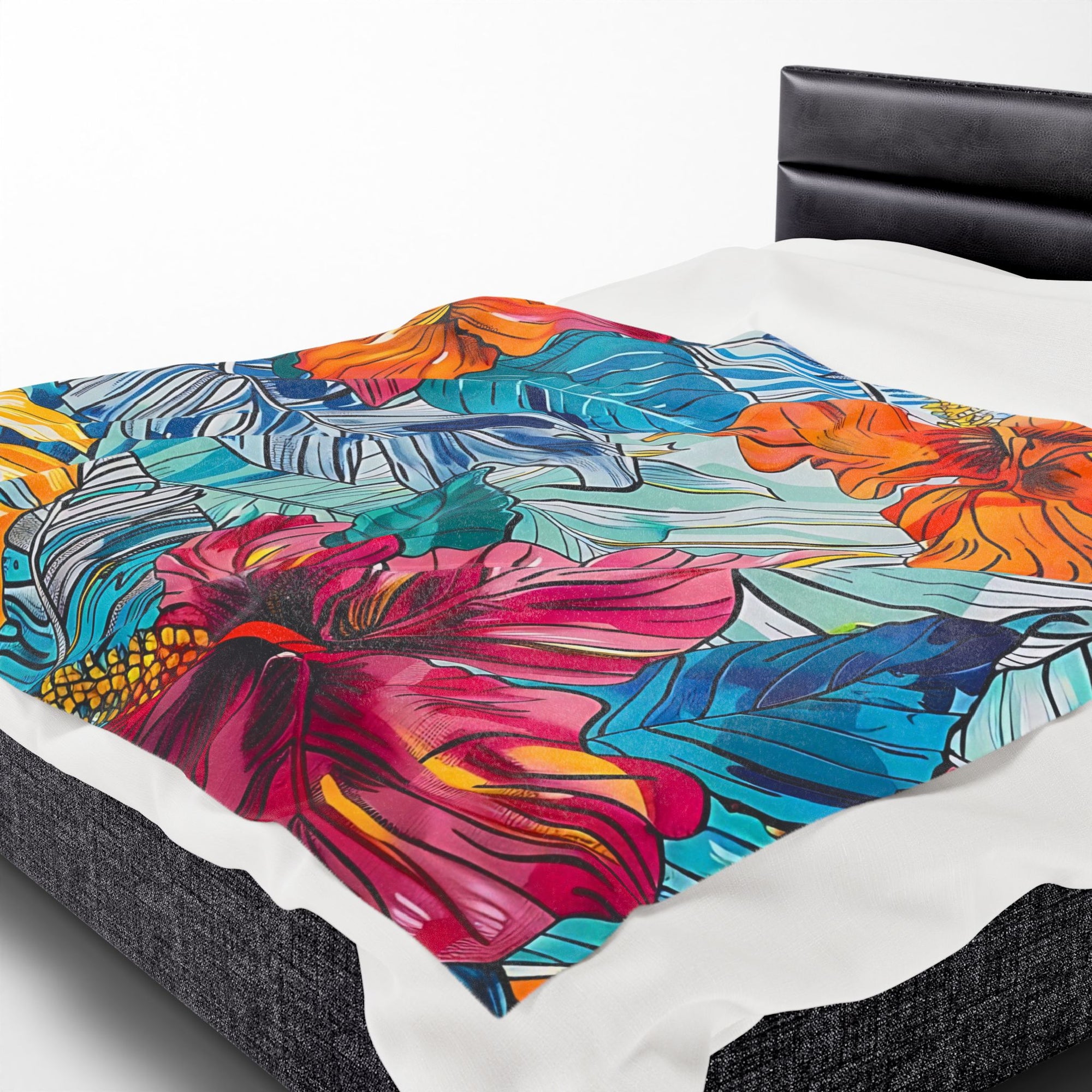 Monstera Hibiscus Velveteen Plush Blanket