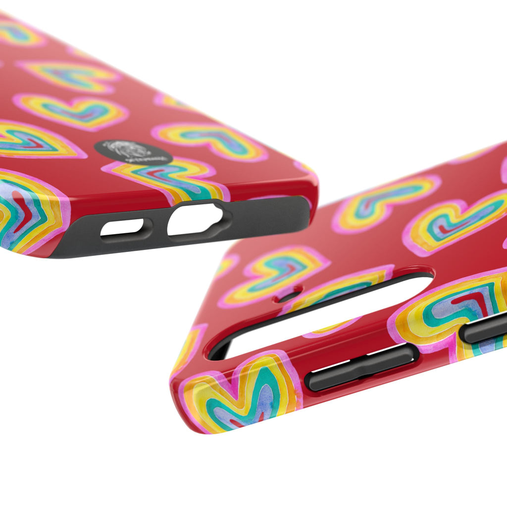 Rainbow Heart Tough Phone Case (For iPhone, Galaxy & More) - Dark Red