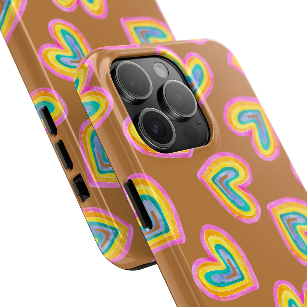 Rainbow Heart Tough Phone Case (For iPhone, Galaxy & More) - Light Brown