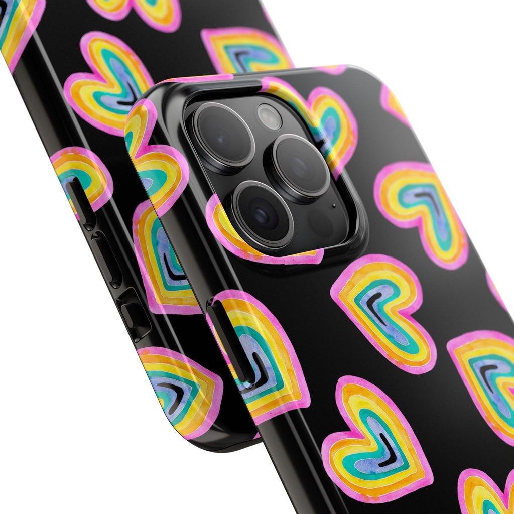 Rainbow Heart Tough Phone Case (For iPhone, Galaxy & More) - Black