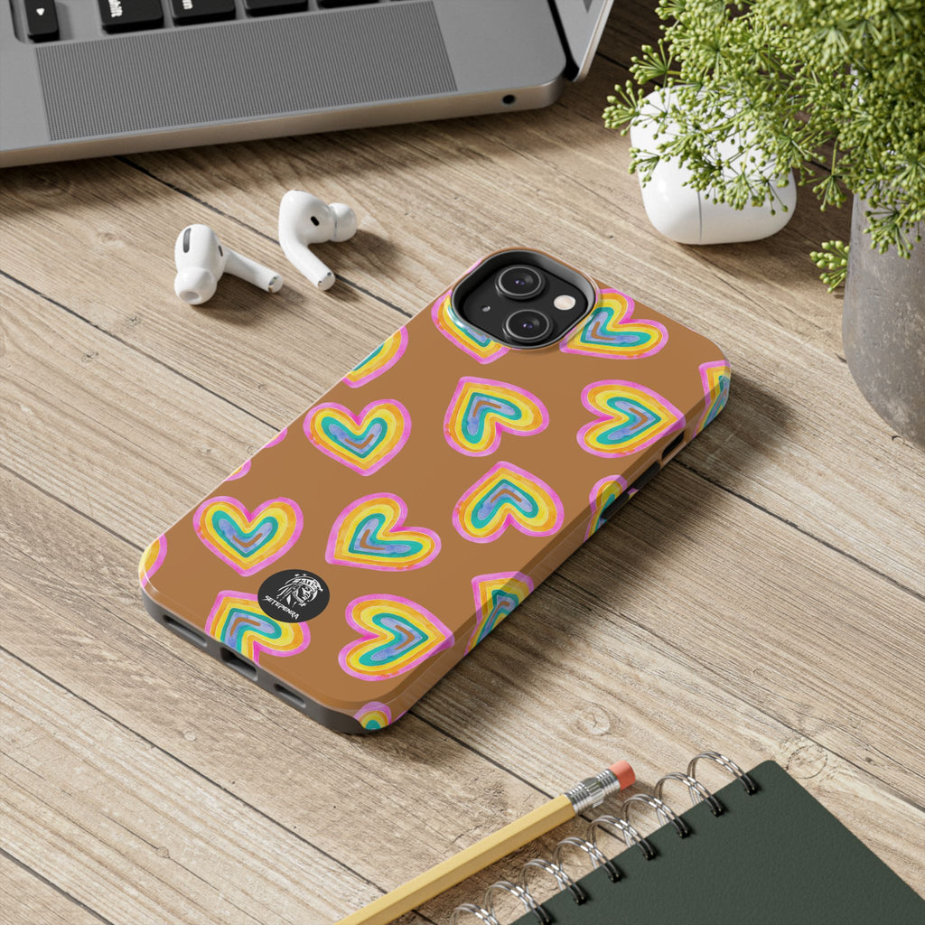 Rainbow Heart Tough Phone Case (For iPhone, Galaxy & More) - Light Brown SETEPENRA Phone Case.