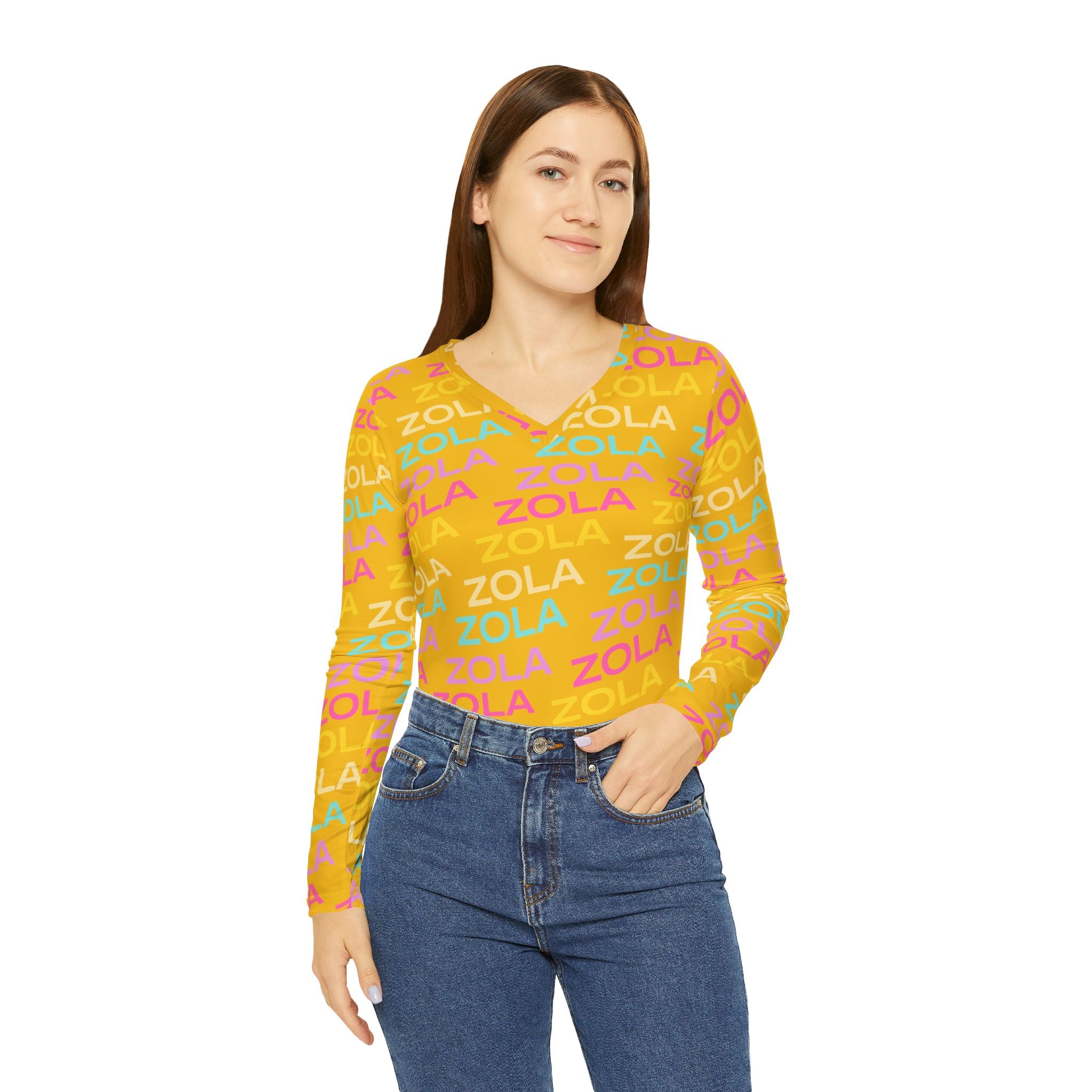 Zola Print Women's Long Sleeve V-Neck Shirt (Gold) SETEPENRA All Over Prints.