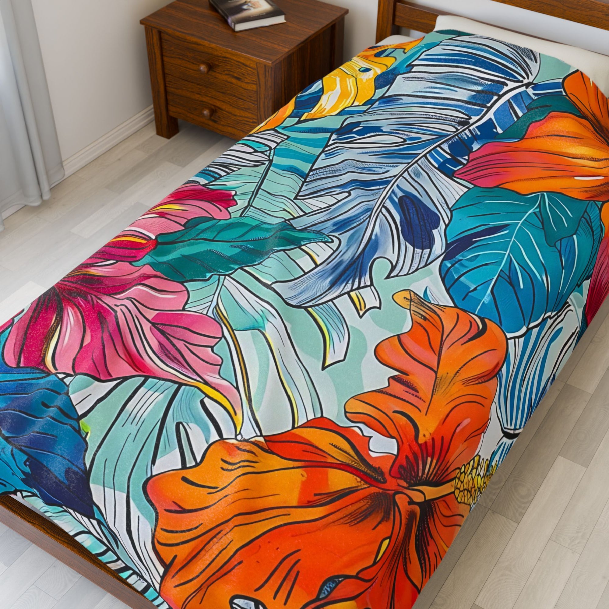 Monstera Hibiscus Velveteen Plush Blanket SETEPENRA All Over Prints.