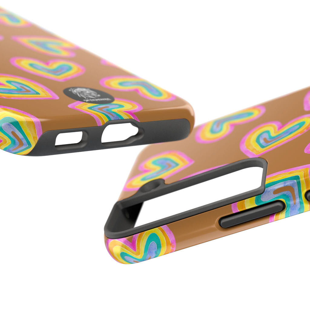 Rainbow Heart Tough Phone Case (For iPhone, Galaxy & More) - Light Brown