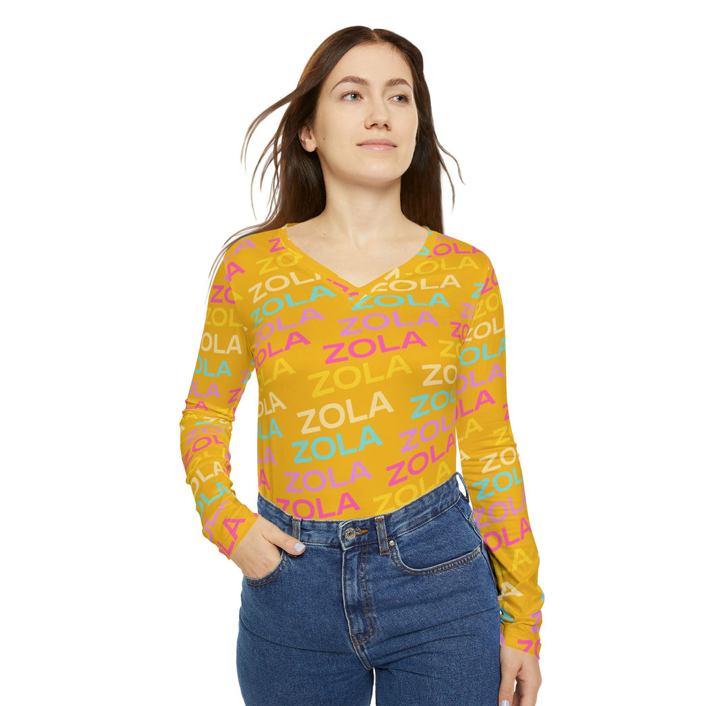 Zola Print Women's Long Sleeve V-Neck Shirt (Gold) SETEPENRA All Over Prints.