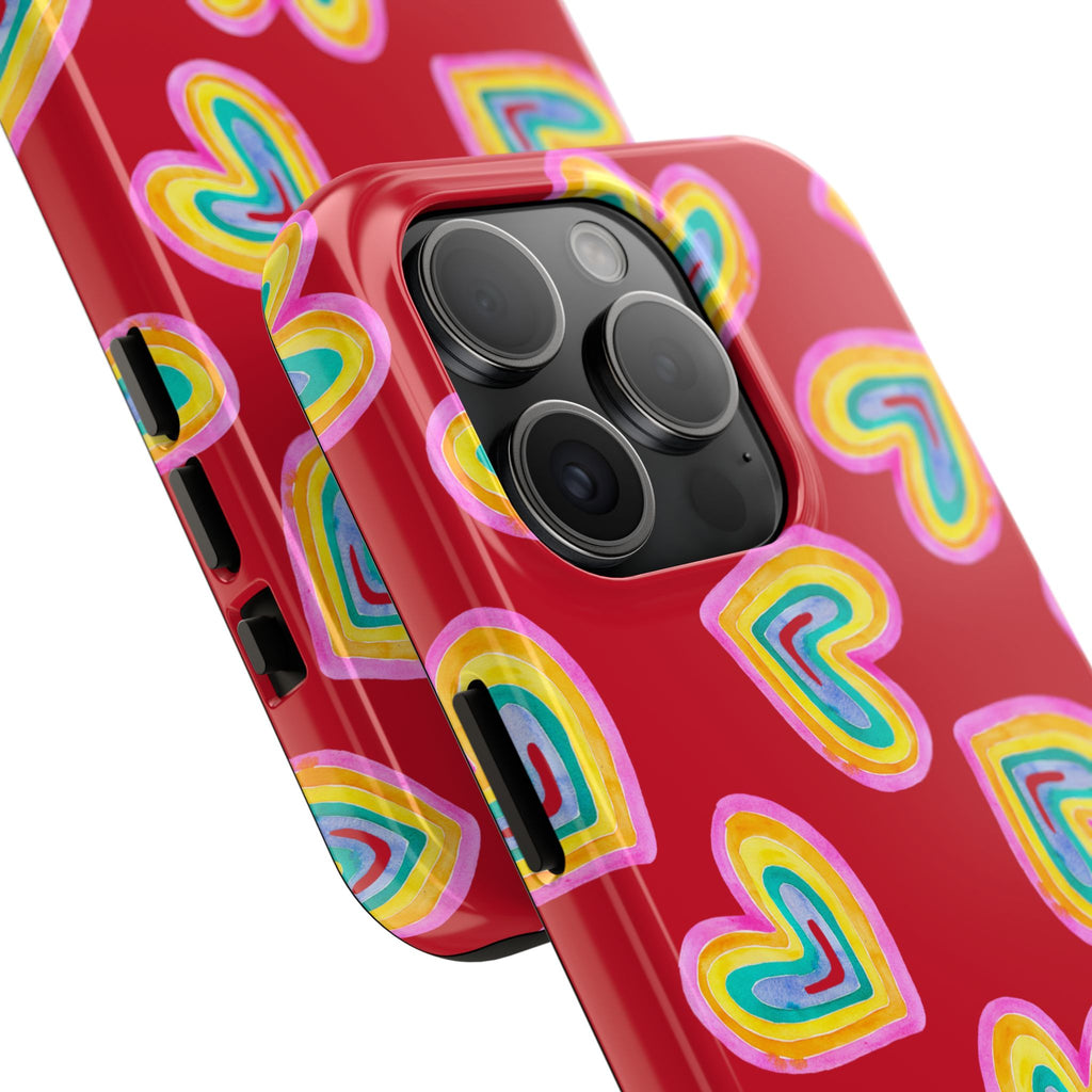 Rainbow Heart Tough Phone Case (For iPhone, Galaxy & More) - Dark Red