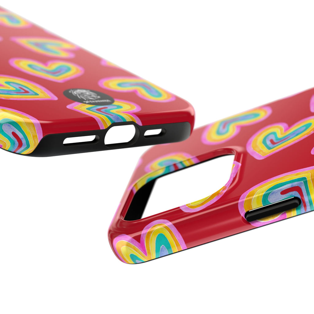 Rainbow Heart Tough Phone Case (For iPhone, Galaxy & More) - Dark Red