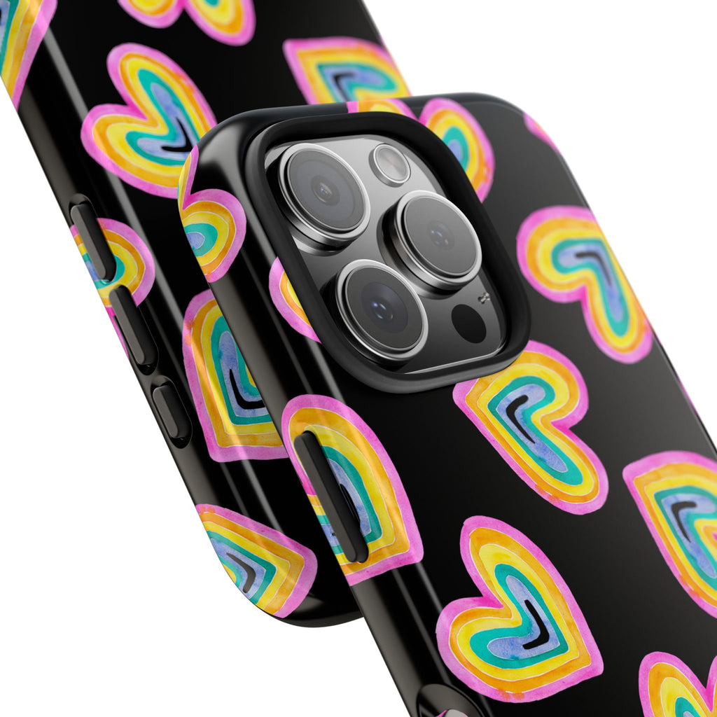 Rainbow Heart Tough Phone Case (For iPhone, Galaxy & More) - Black