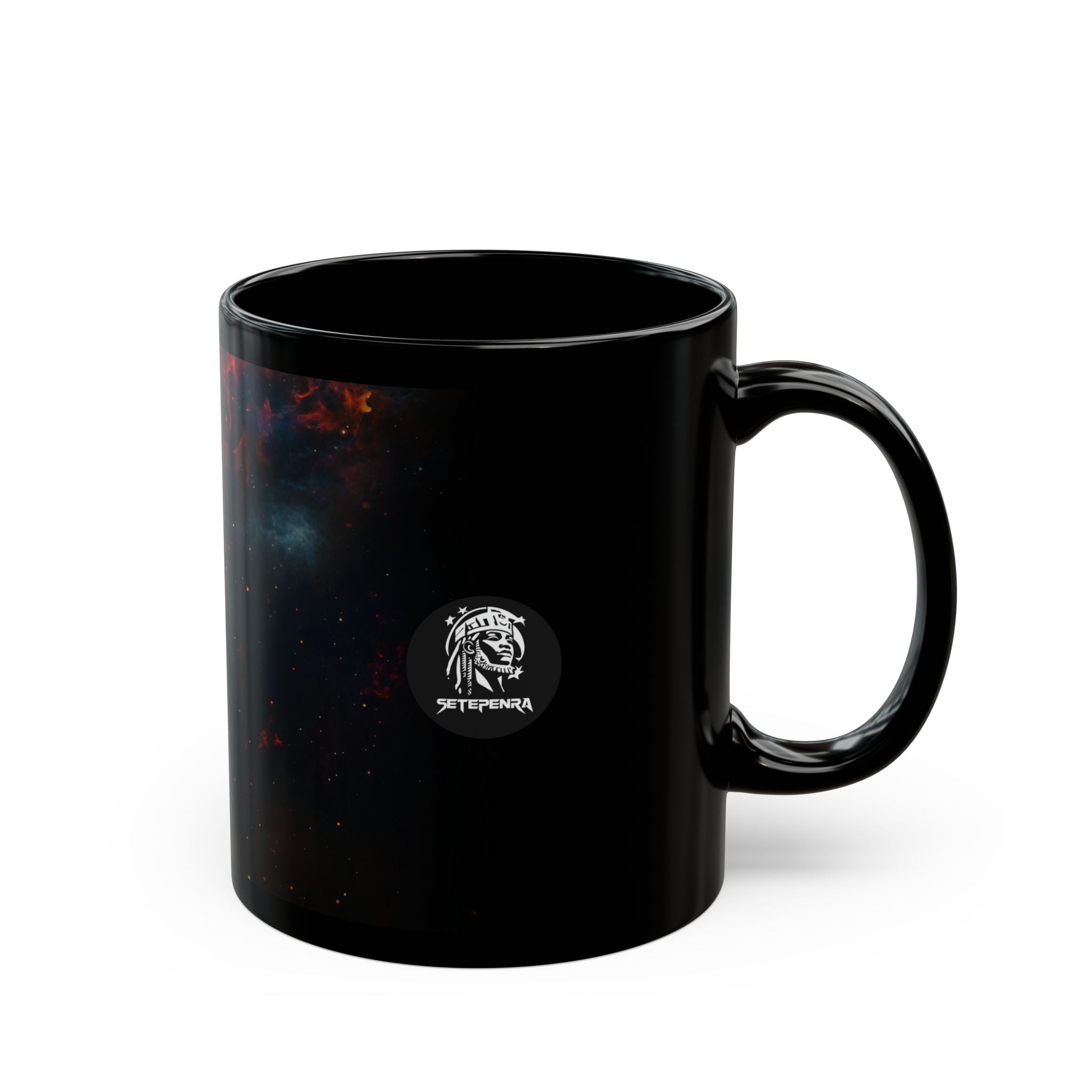 Black ceramic mug featuring the Cosmic Queen design for stylish beverage enjoyment.