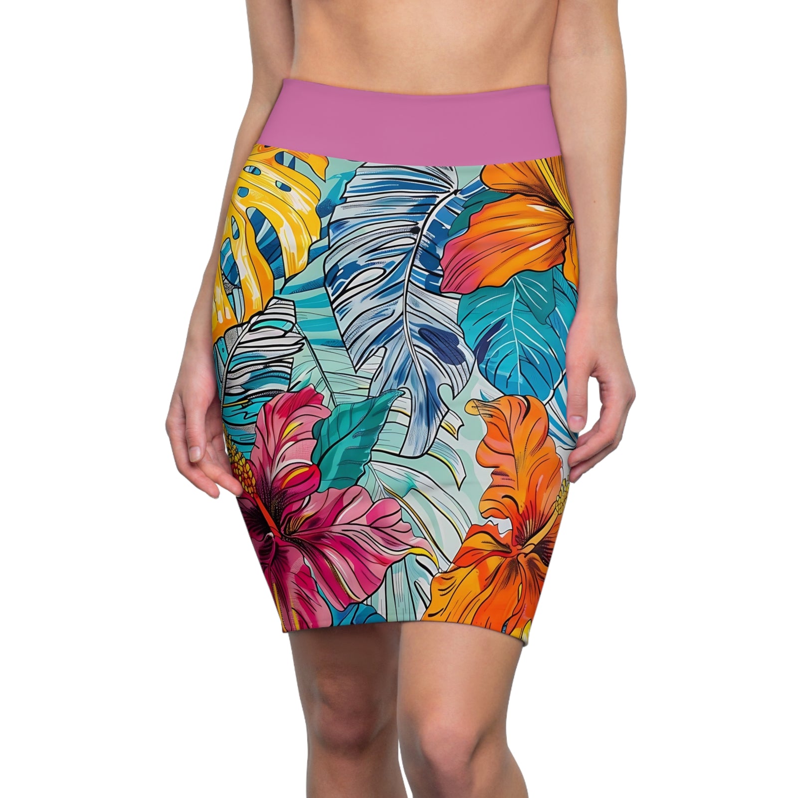 Women's Monstera Hibiscus Pencil Skirt (w/Light Pink Waistband) SETEPENRA All Over Prints.